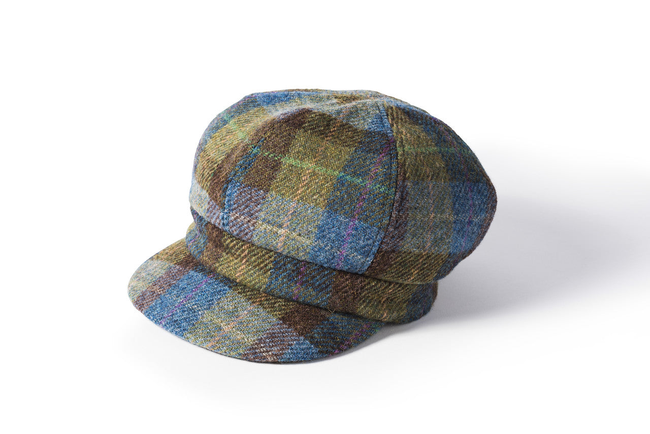 Failsworth Ladies Harris Tweed Scotland Traditional Bakerboy Classic 8 Piece Cap - Sage and Blue Tartan | Harris Tweed Scotland