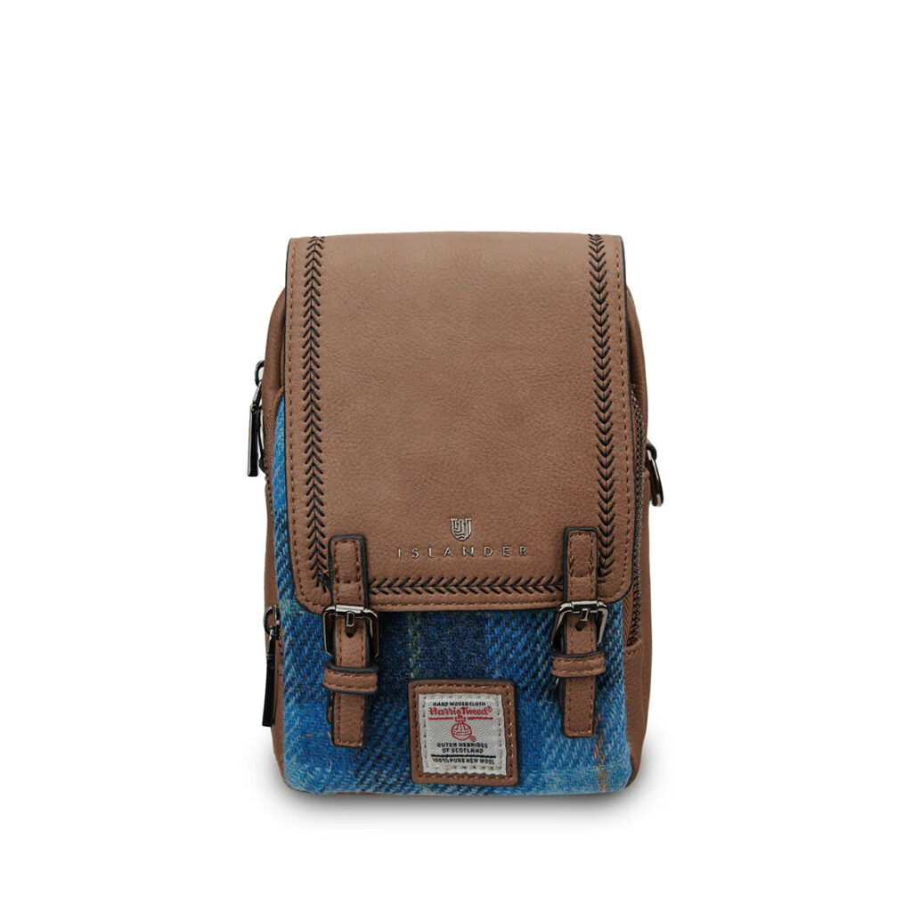 Islander Brown Baby Jura Crossbody Bag with Harris Tweed Blue Tartan | Harris Tweed Scotland