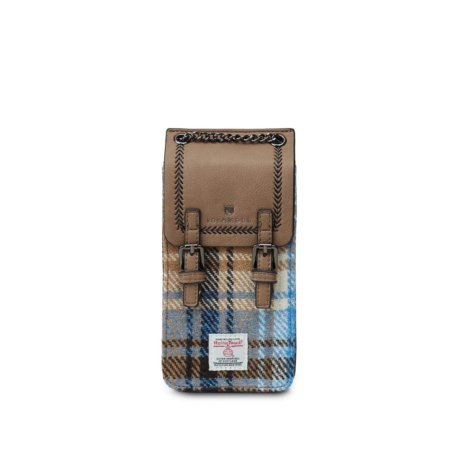 Islander Harris Tweed Phone Holder Tote Blue & Beige Check | Harris Tweed Scotland
