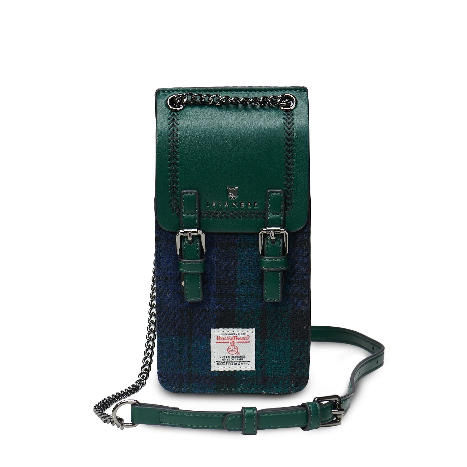 Islander Harris Tweed Phone Holder Tote Black Watch Green | Harris Tweed Scotland