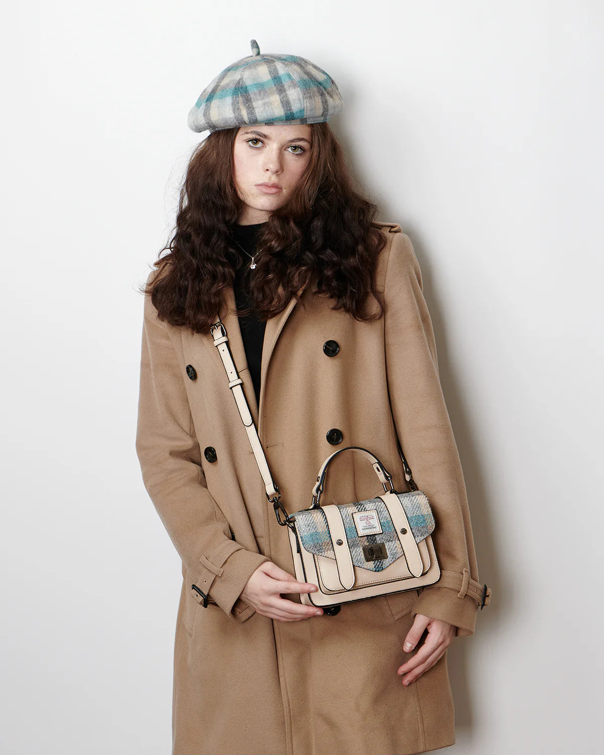 Islander Mini Satchel Bag with Harris Tweed Pink, Purple & Green Tartan – Image 2 | Harris Tweed Scotland