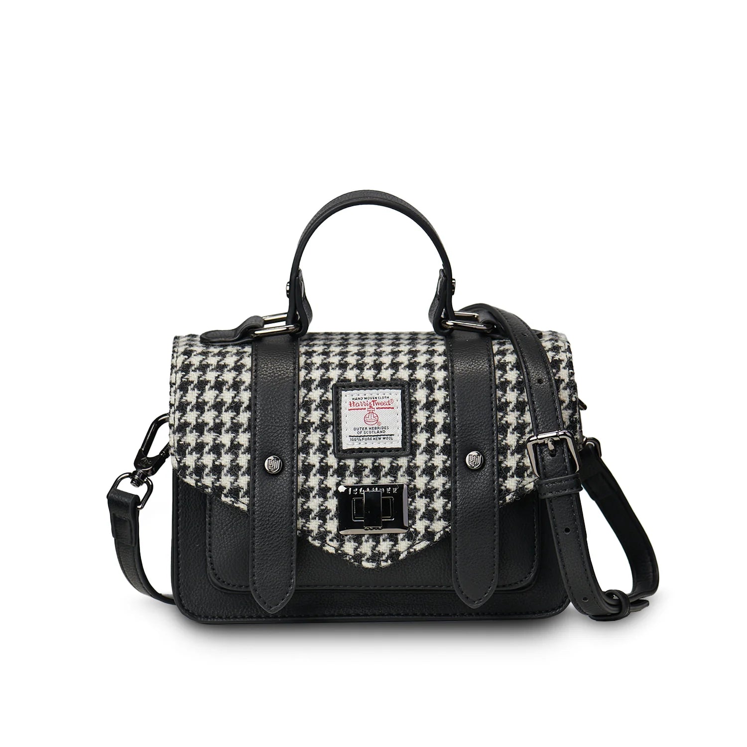 Islander Mini Satchel Bag with Harris Tweed Black & White Dogtooth | Harris Tweed Scotland