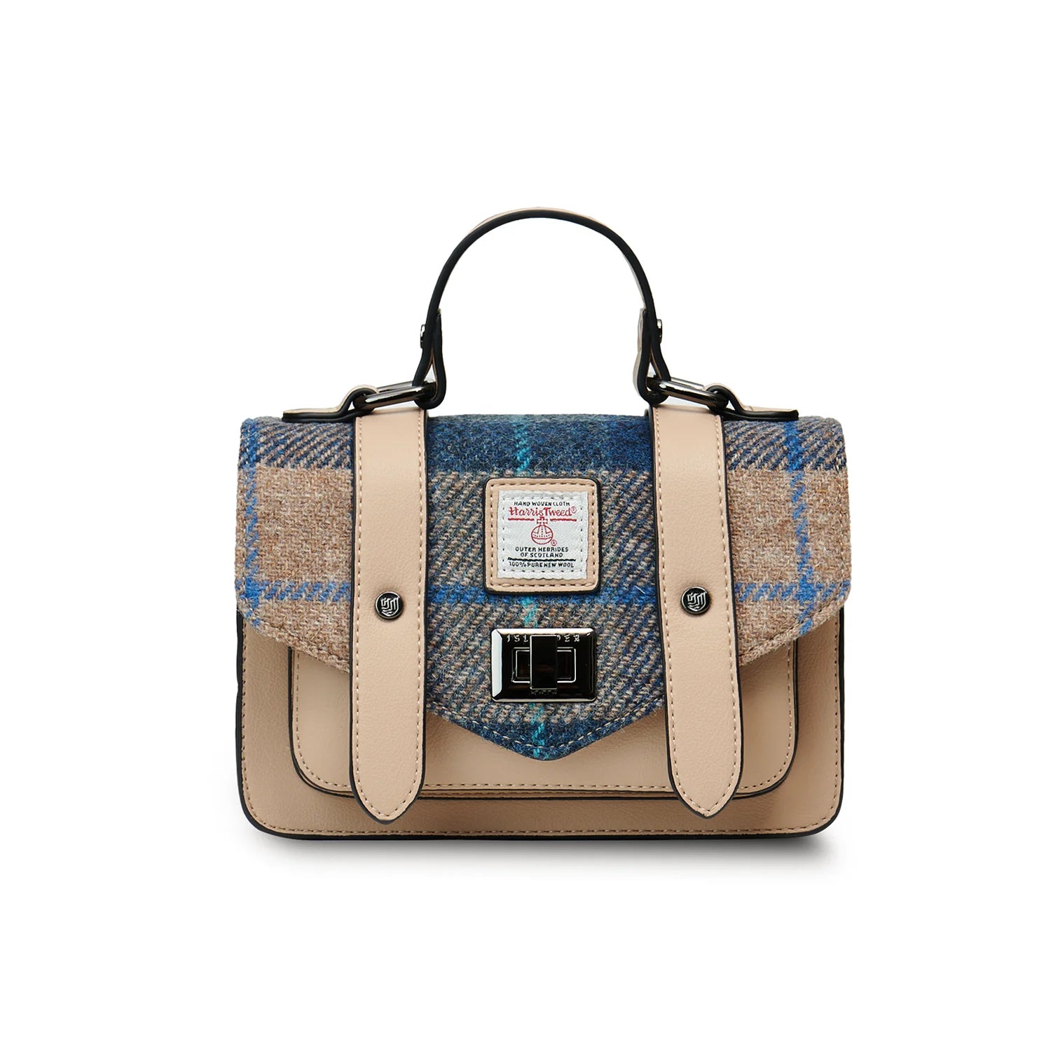 Islander Mini Satchel Bag with Harris Tweed Navy Blue & Beige Tartan Fabric | Harris Tweed Scotland