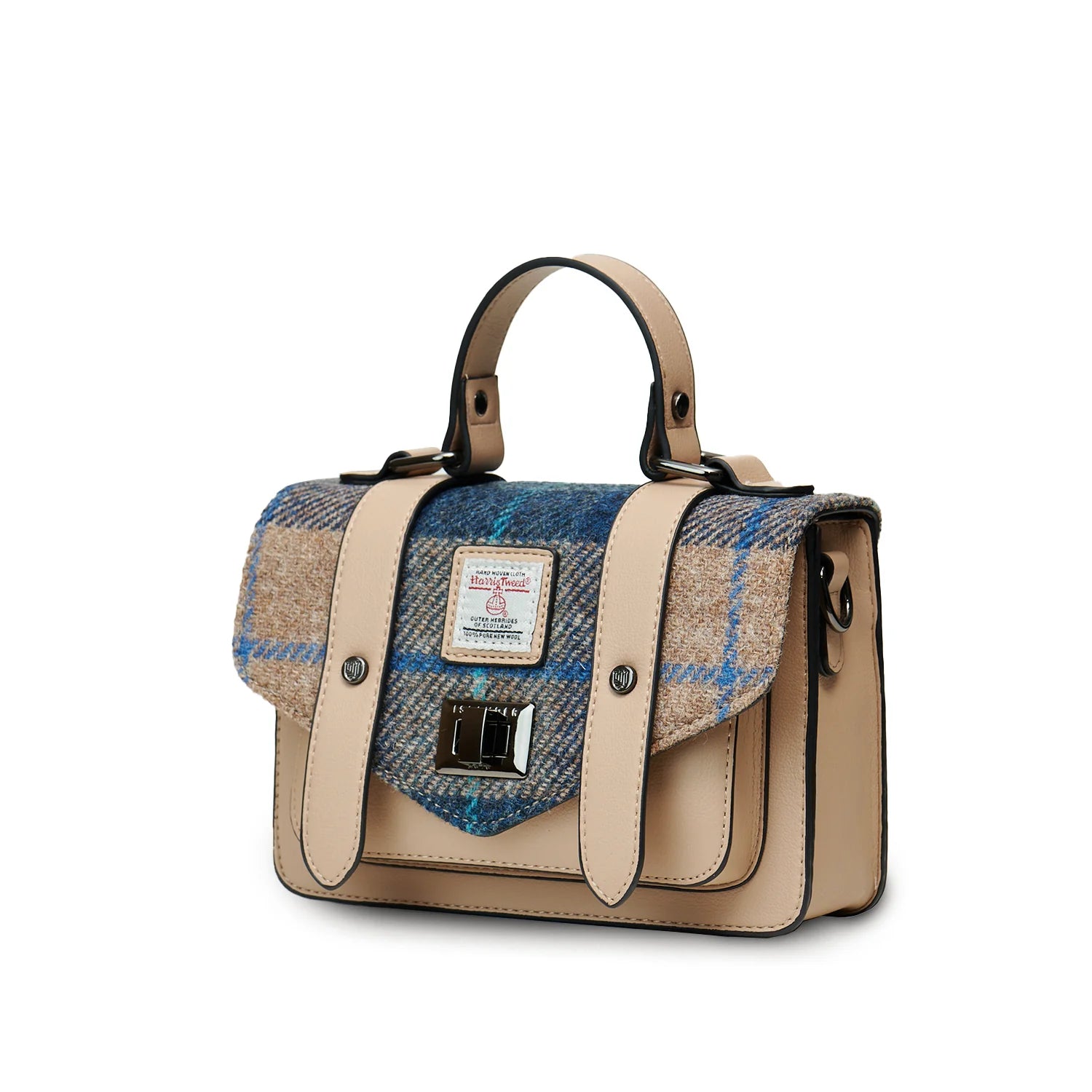 Islander Medium Satchel Bag with Harris Tweed Navy Blue & Beige Tartan | Harris Tweed Scotland