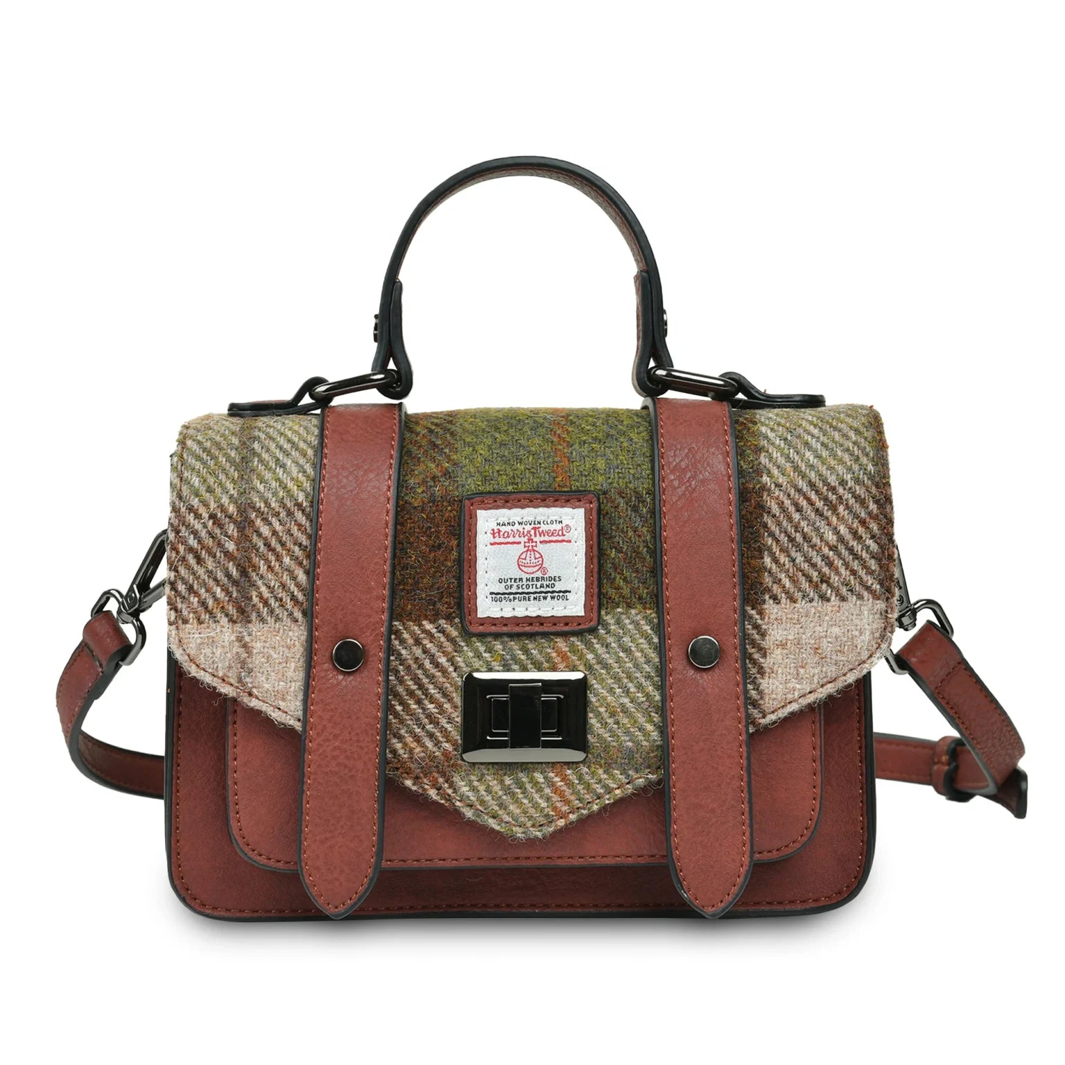 Islander Mini Satchel Bag with Harris Tweed Brown Green Chestnut Tartan | Harris Tweed Scotland