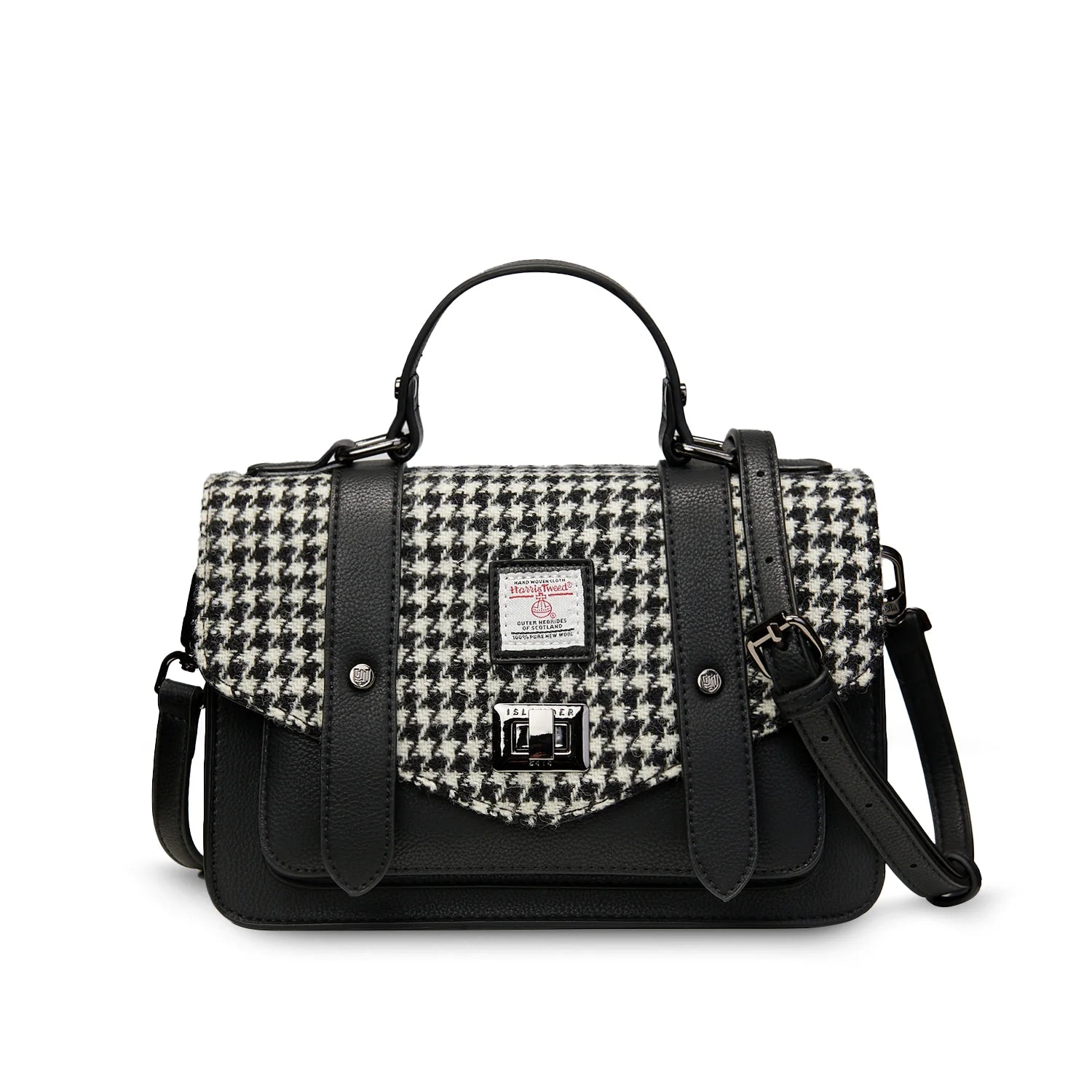 Islander Medium Satchel Bag with Harris Tweed Black & White Dogtooth Fabric | Harris Tweed Scotland