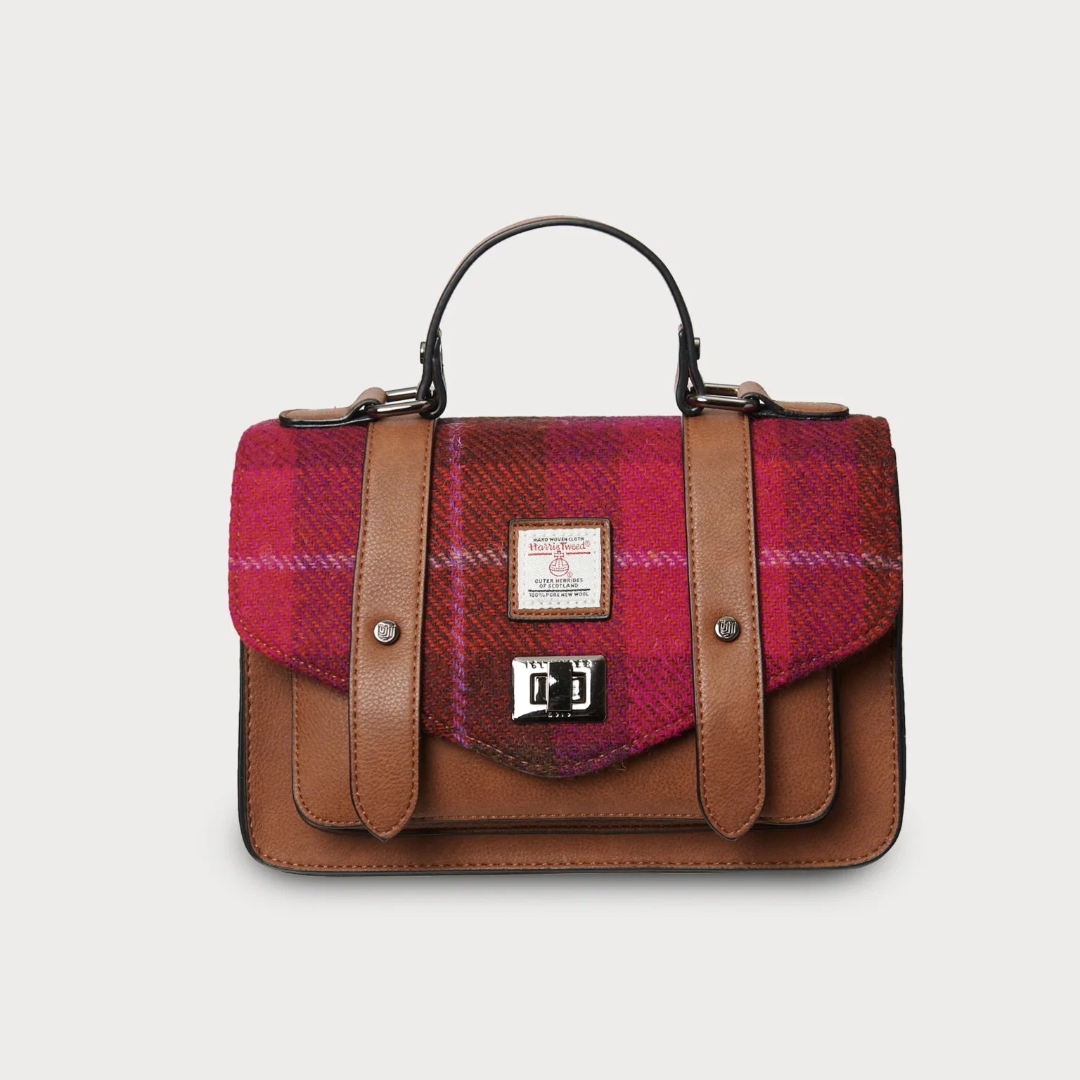 Islander Medium Satchel Bag Harris Tweed Purple & Burgundy Fuchsia Tartan | Harris Tweed Scotland