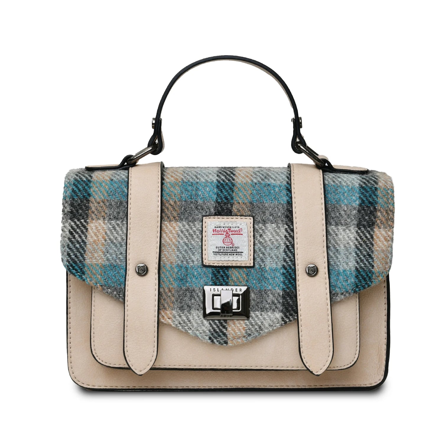 Islander Medium Satchel Bag with Harris Tweed Blue & Beige Islander Tartan | Harris Tweed Scotland
