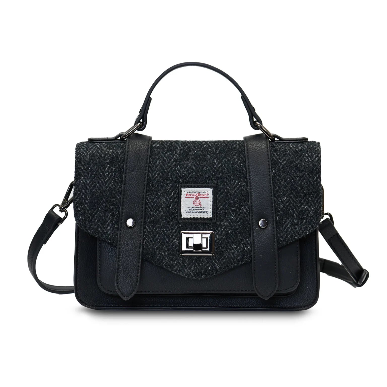 Islander Medium Satchel Bag with Harris Tweed Black Herringbone Fabric | Harris Tweed Scotland