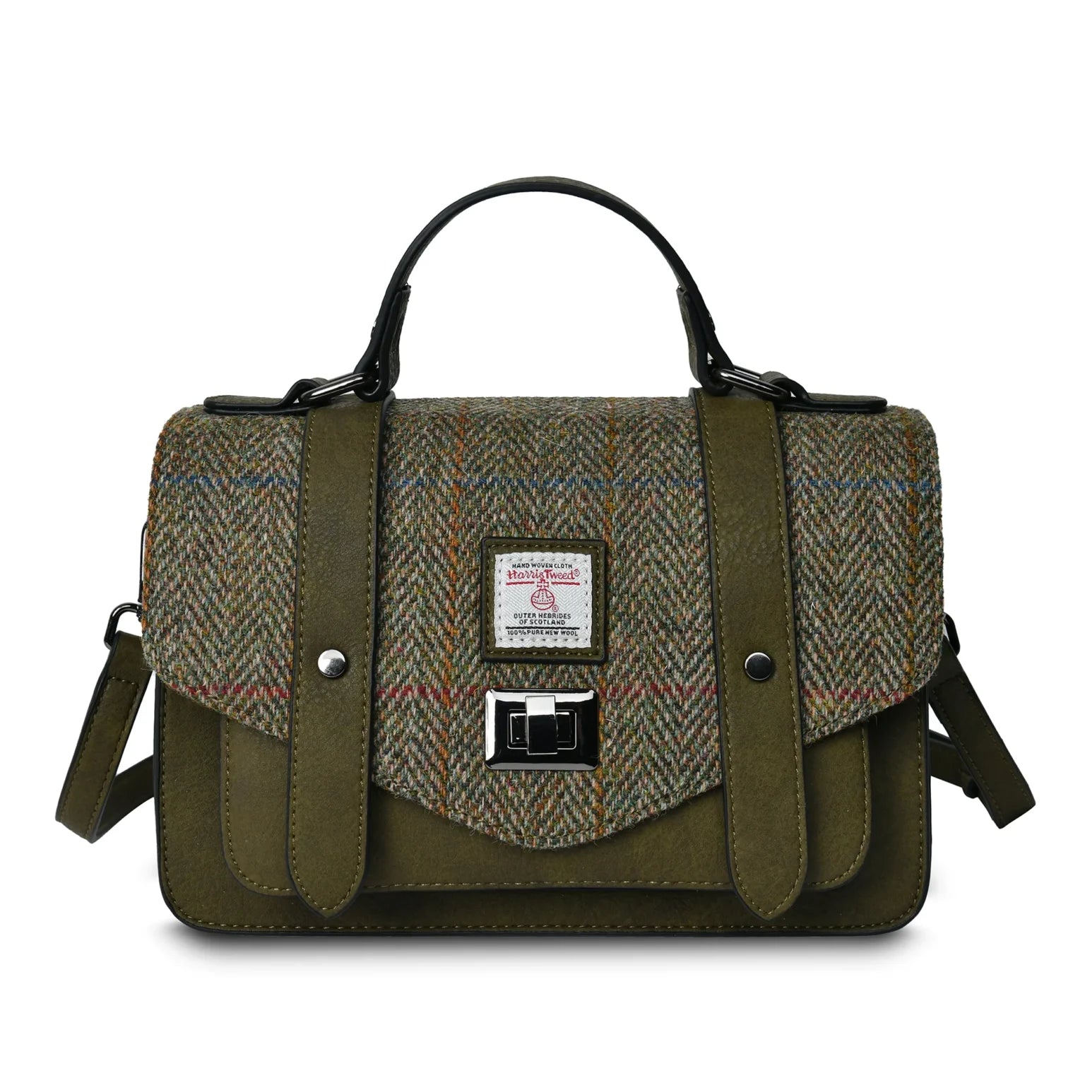 Islander Medium Satchel Bag with Harris Tweed Green & Brown Chestnut Herringbone | Harris Tweed Scotland