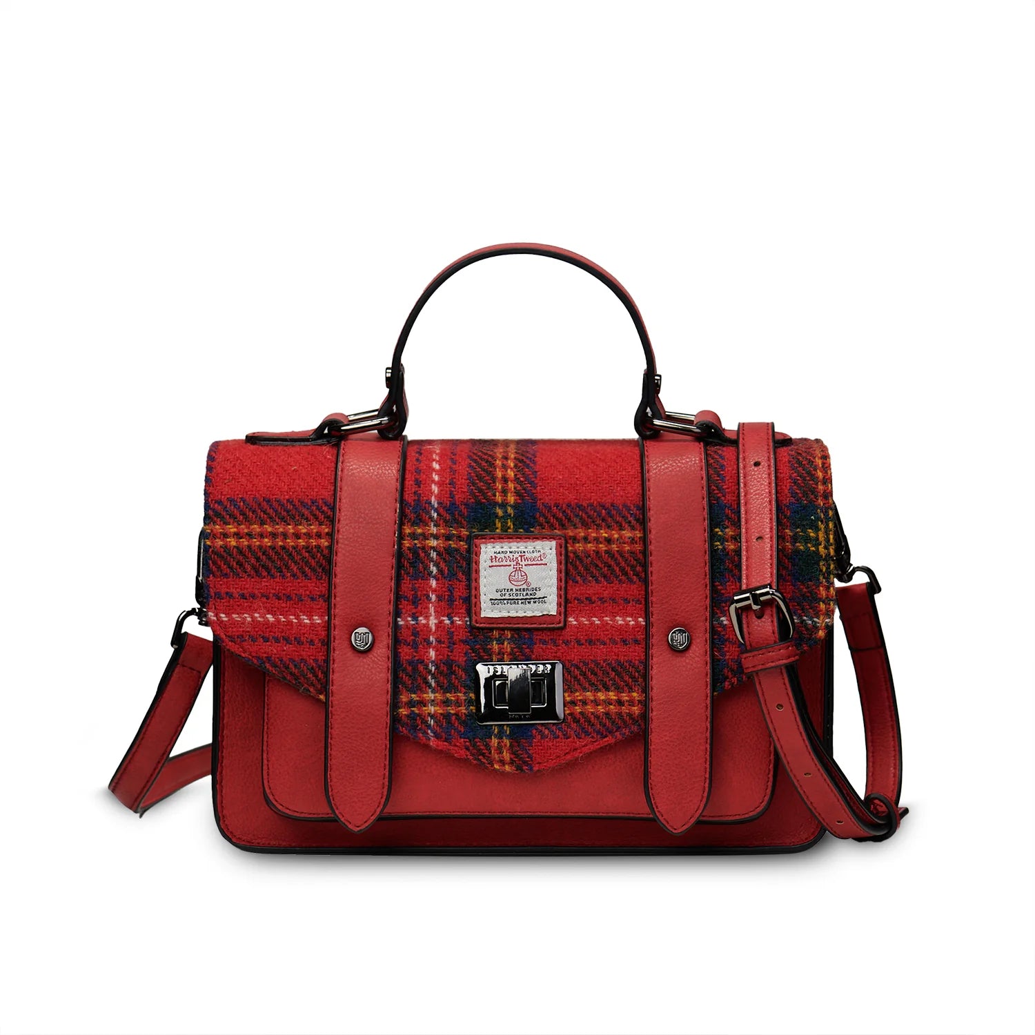 Islander Medium Satchel Bag with Harris Tweed Red, Green & Yellow Royal Stewart Fabric | Harris Tweed Scotland