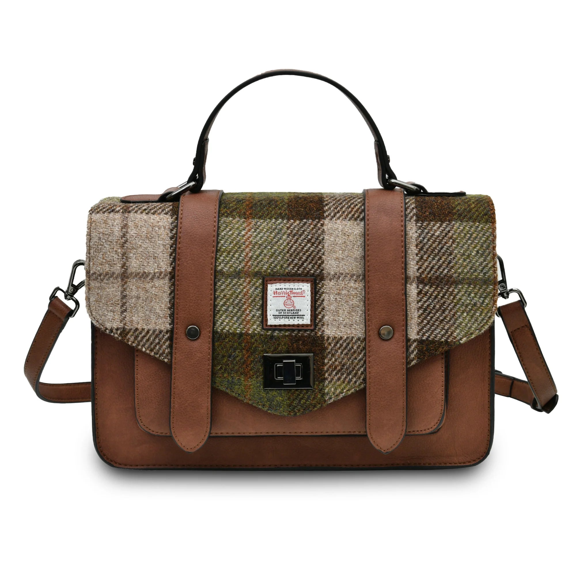 Islander Medium Satchel Bag with Harris Tweed Brown, Beige & Green Chestnut Tartan