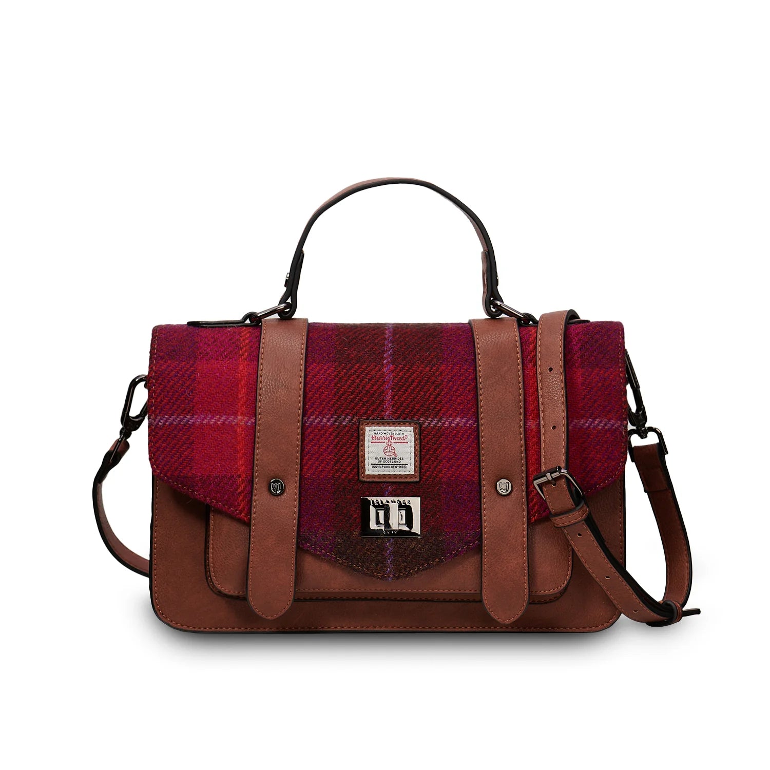 Islander Large Satchel Bag with Harris Tweed Brown Burgundy Fuchsia Tartan | Harris Tweed Scotland