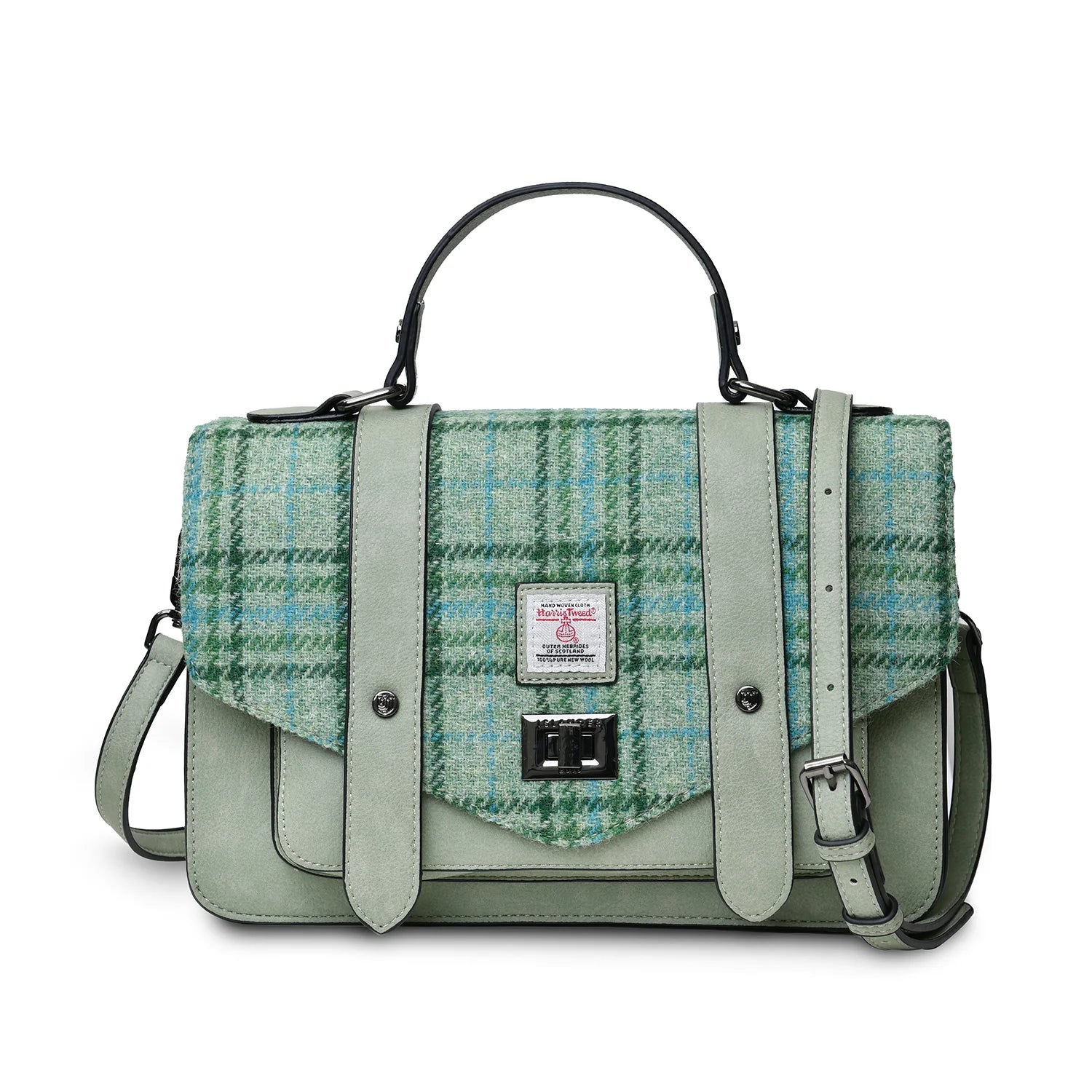 Islander Large Satchel Bag with Harris Tweed Green Mint Check Fabric | Harris Tweed Scotland