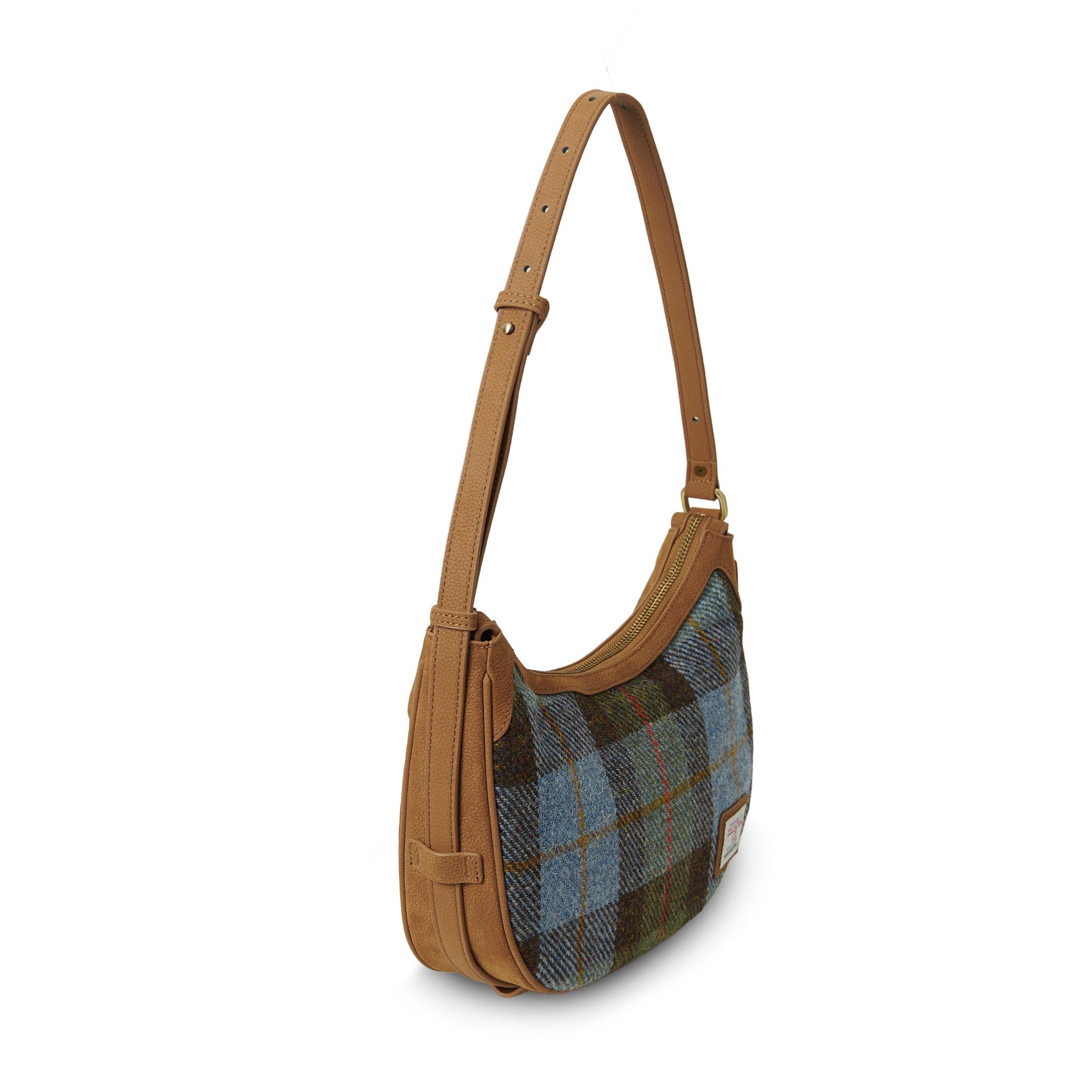 Islander Ellon Genuine Leather with Harris Tweed Shoulder Bag in Chestnut Blue Tartan – Image 2 | Harris Tweed Scotland