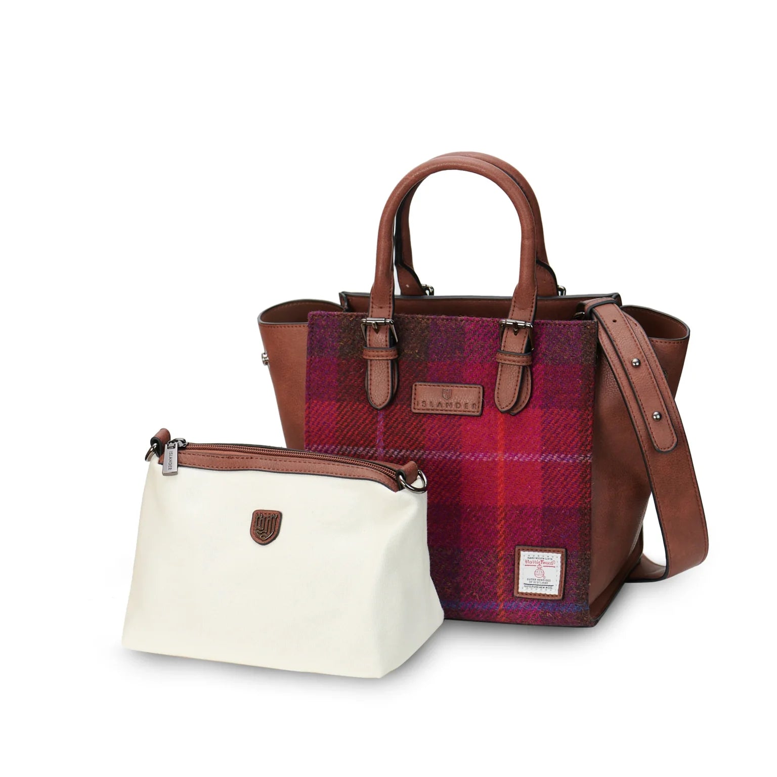 Islander Medium Caillie Tote Bag with Harris Tweed Burgundy & Brown Fuschia Tartan | Harris Tweed Scotland