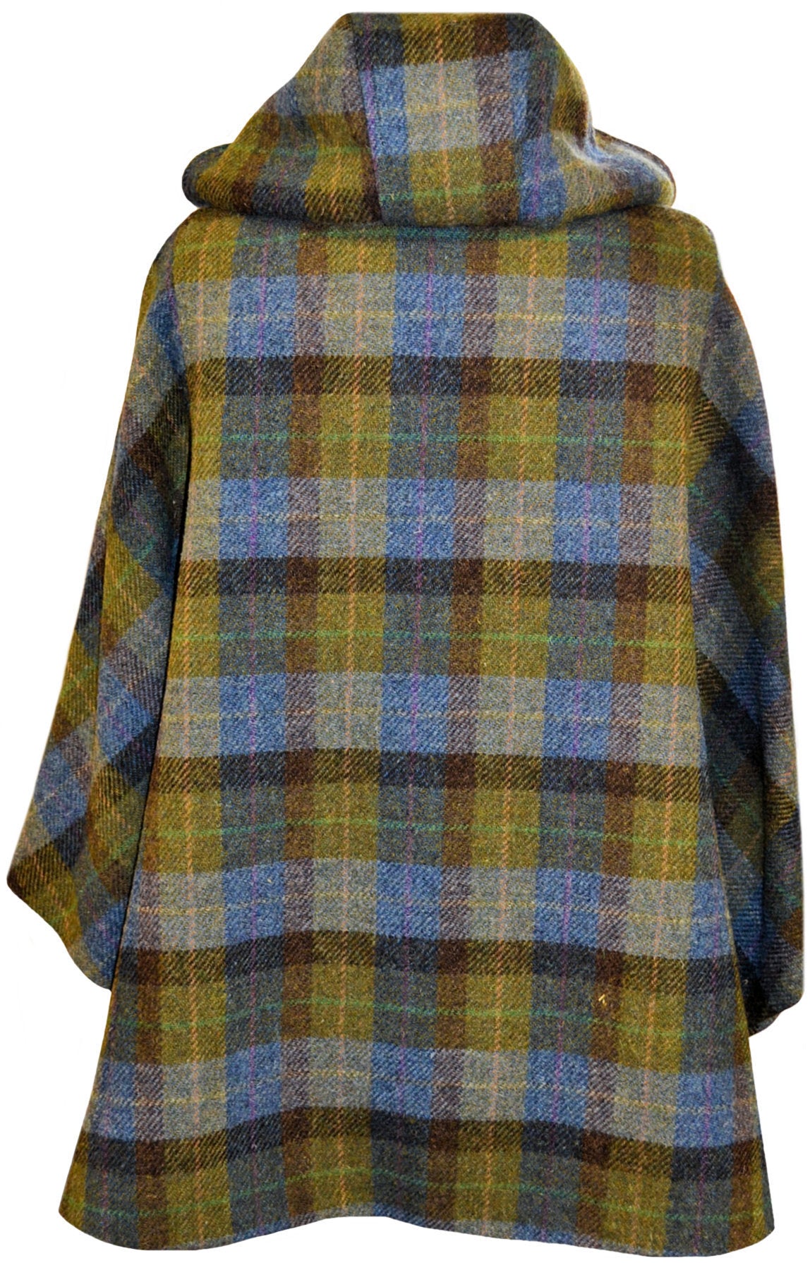 Harris Tweed Ladies Hooded Poncho Cape Denim Sage Green, Blue & Brown - One Size
