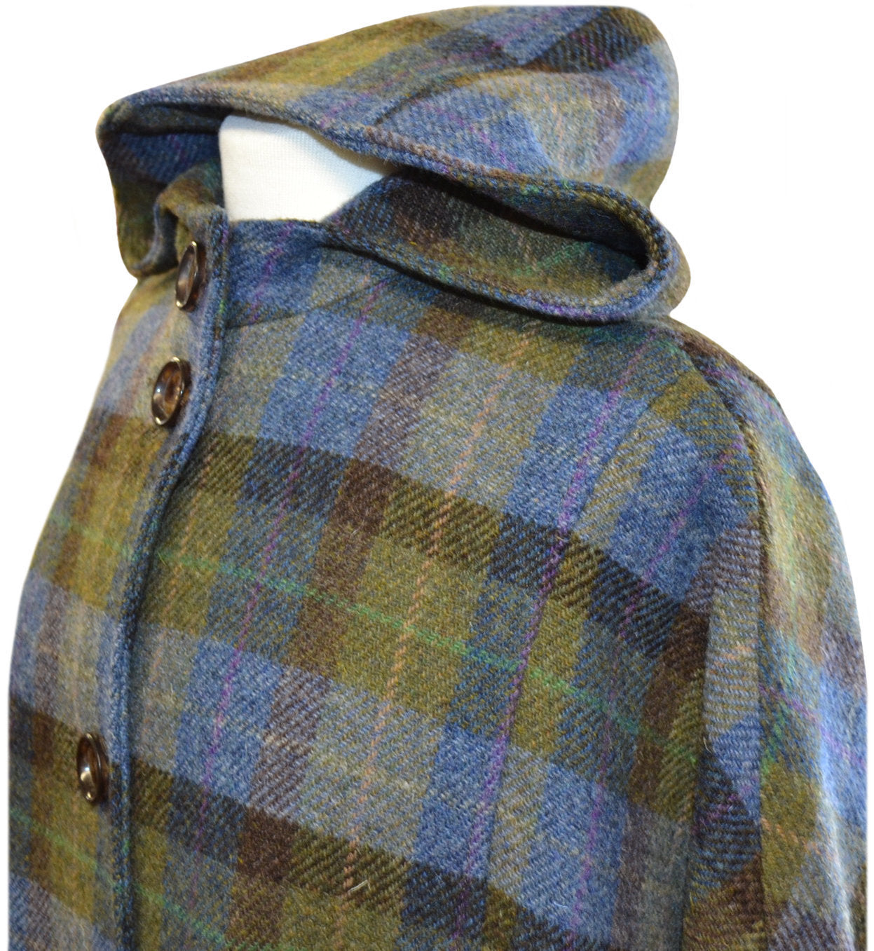 Harris Tweed Ladies Hooded Poncho Cape Denim Sage Green, Blue & Brown - One Size