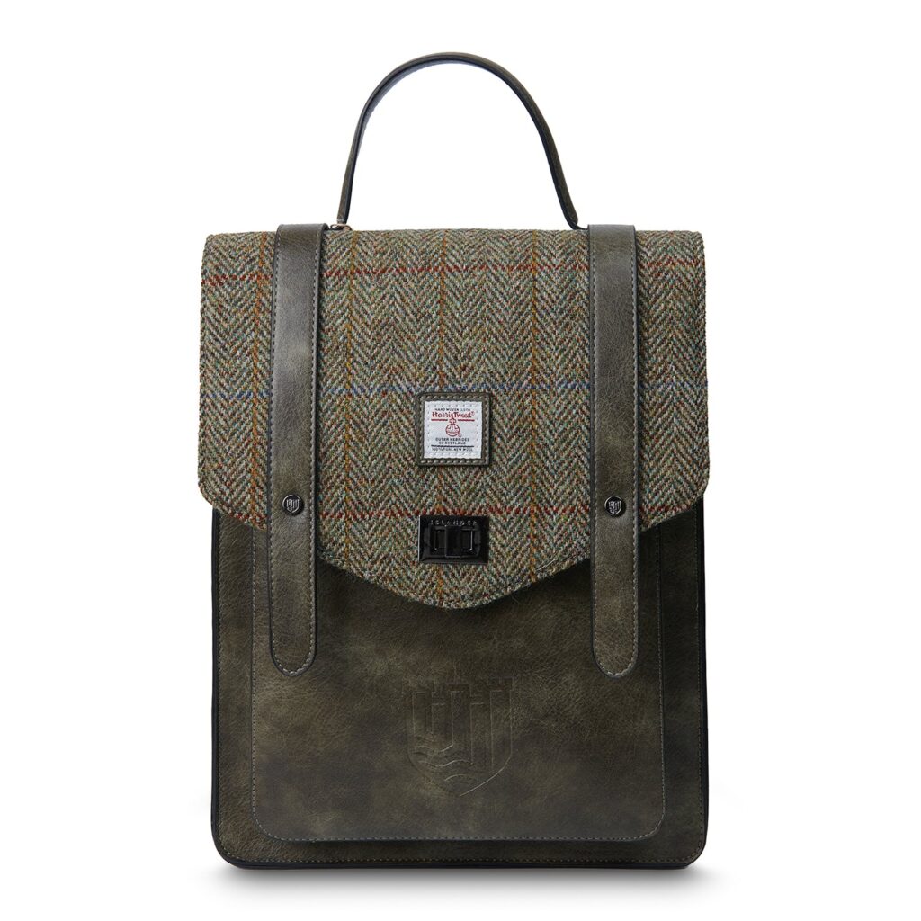 Islander Carloway Laptop Backpack with Harris Tweed Green & Brown Chestnut Herringbone | Harris Tweed Scotland