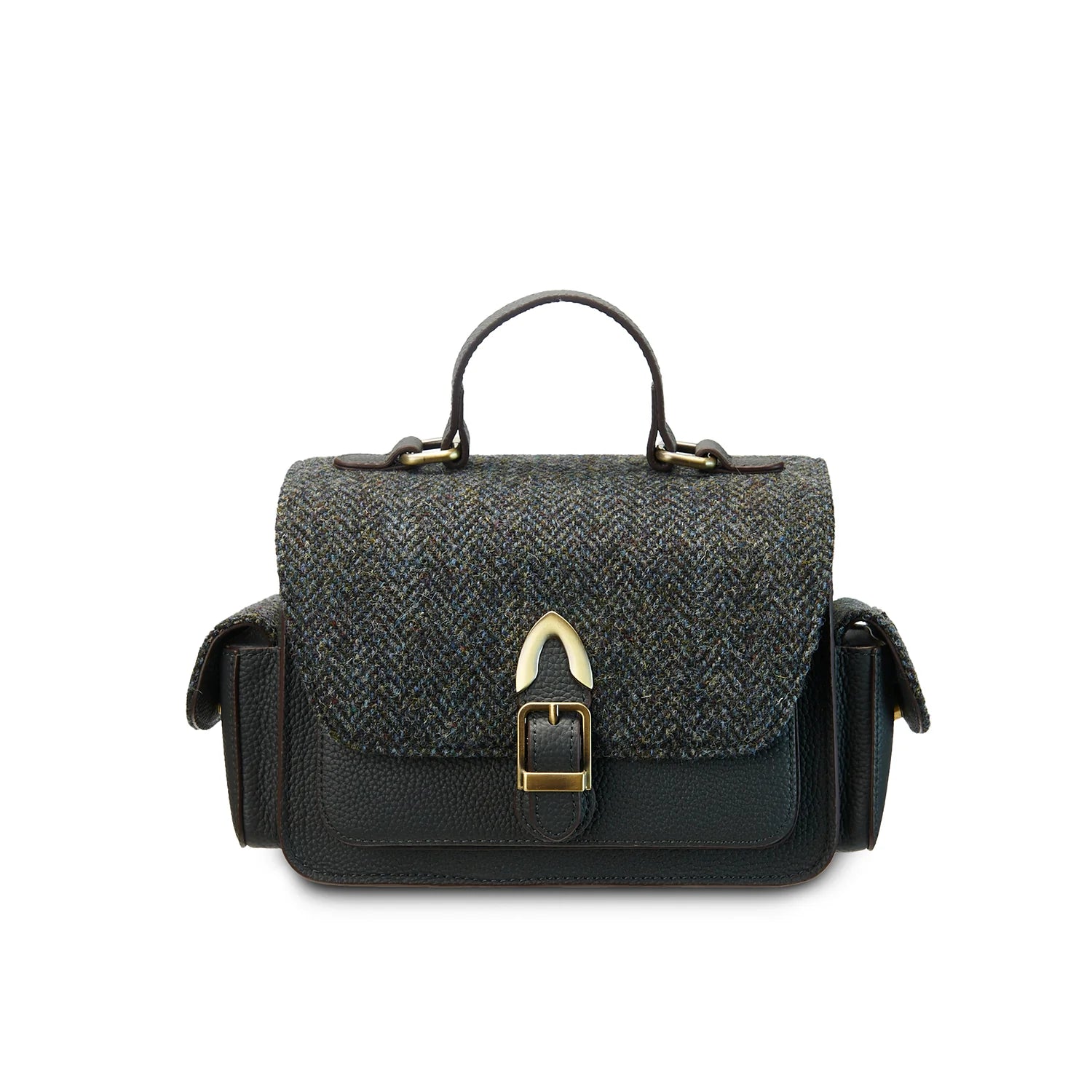 Islander Melrose Black Leather Crossbody Bag with Harris Tweed Black & Grey Herringbone Fabric | Harris Tweed Scotland