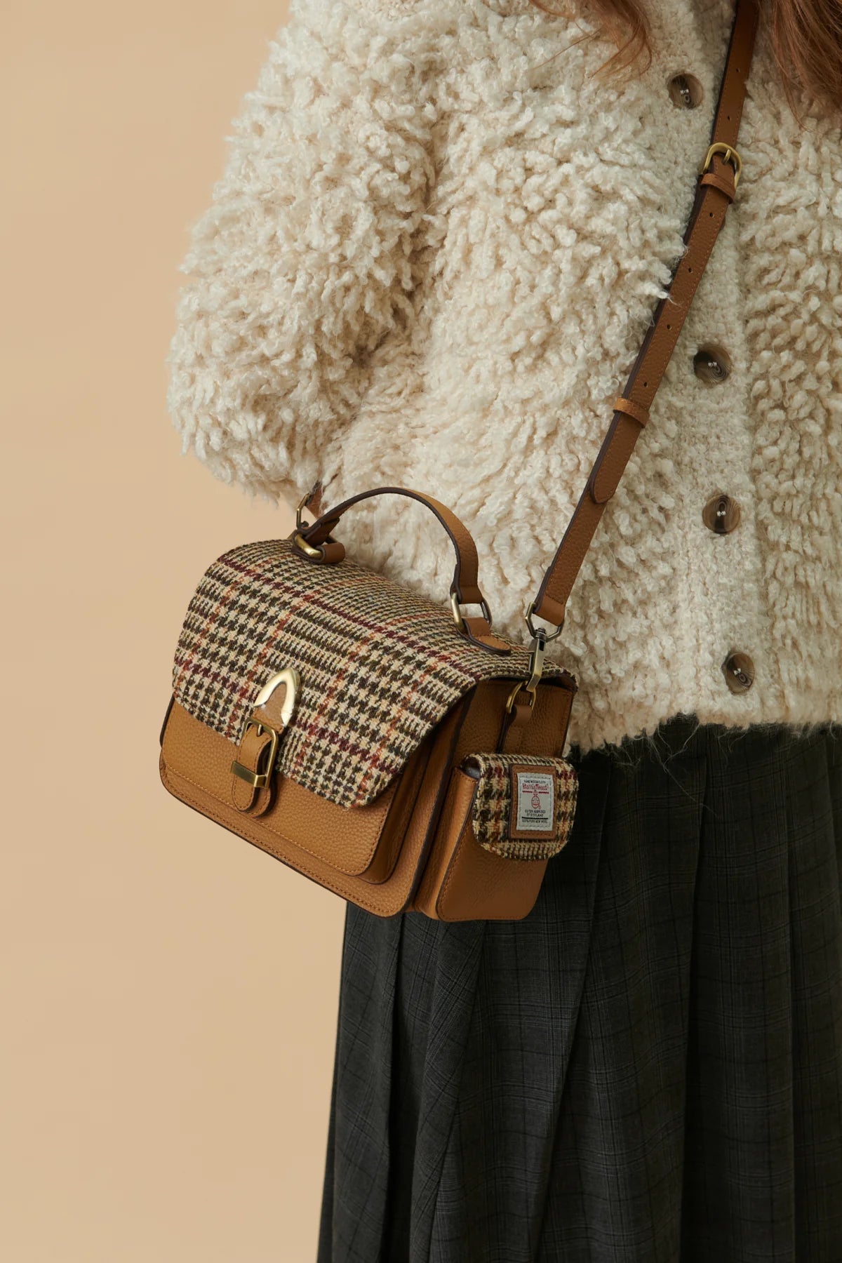 Islander Leather Melrose Crossbody Harris Tweed Bag - Beige Dogtooth