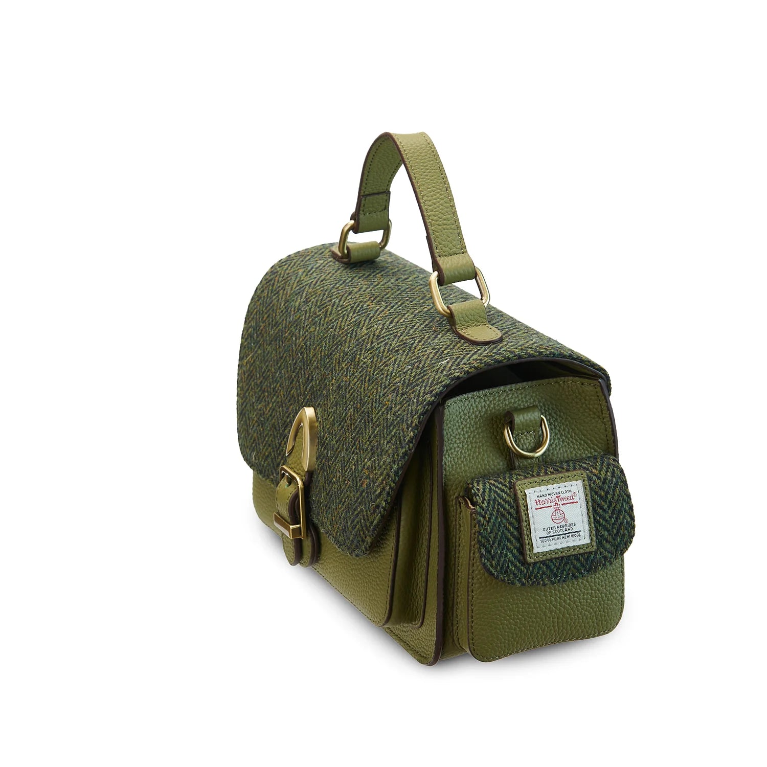 Islander Melrose Green Leather Crossbody Bag Dark with Green Herringbone Fabric – Image 2 | Harris Tweed Scotland