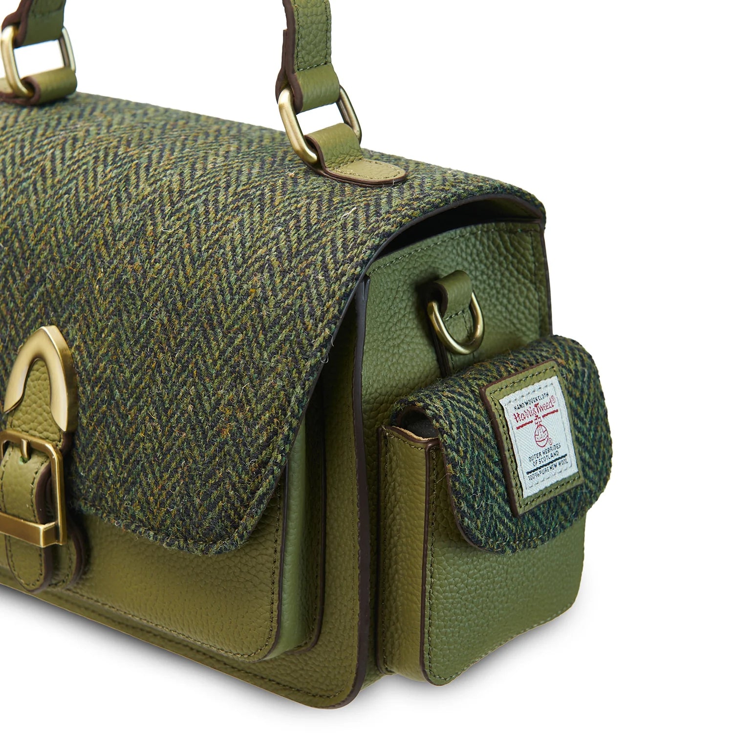 Islander Melrose Green Leather Crossbody Bag Dark with Green Herringbone Fabric – Image 5 | Harris Tweed Scotland