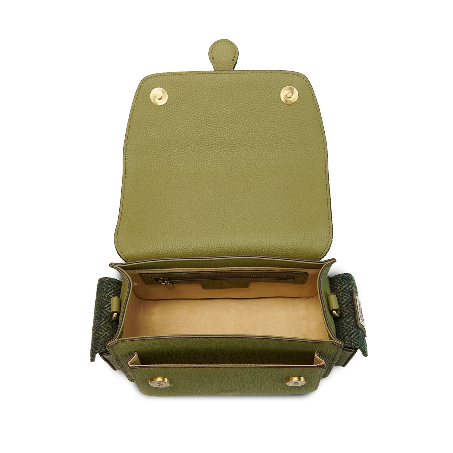Islander Melrose Green Leather Crossbody Bag Dark with Green Herringbone Fabric – Image 4 | Harris Tweed Scotland