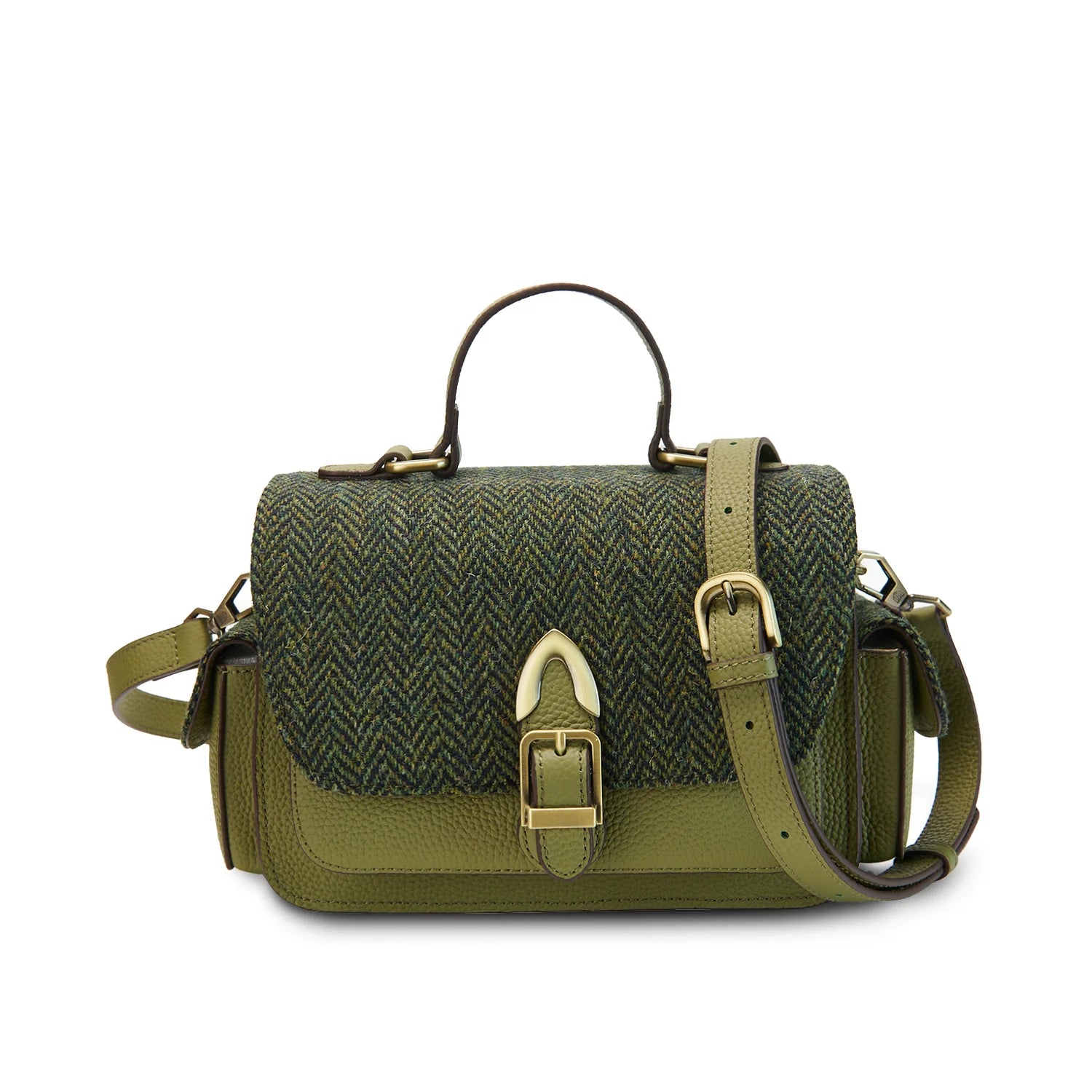 Islander Melrose Green Leather Crossbody Bag Dark with Green Herringbone Fabric | Harris Tweed Scotland