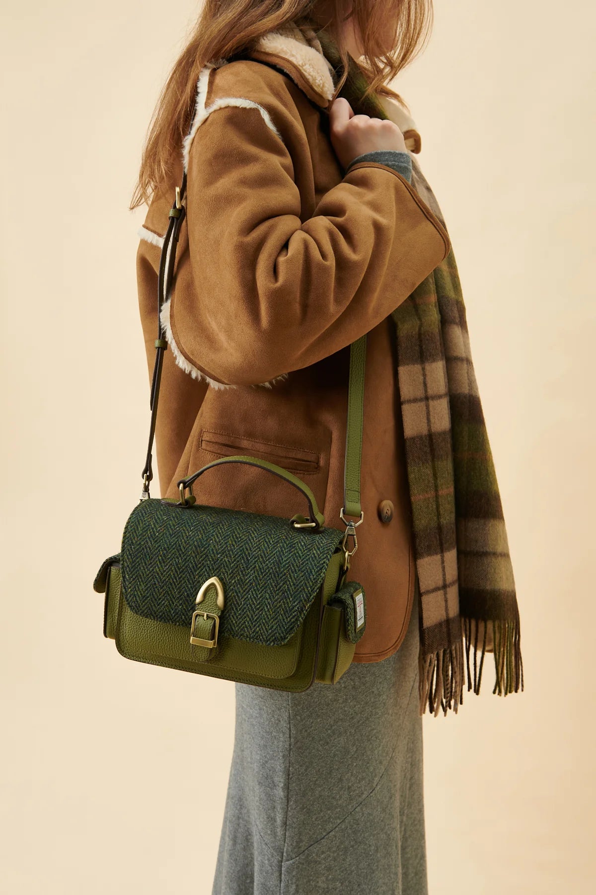 Islander Melrose Green Leather Crossbody Bag Dark with Green Herringbone Fabric