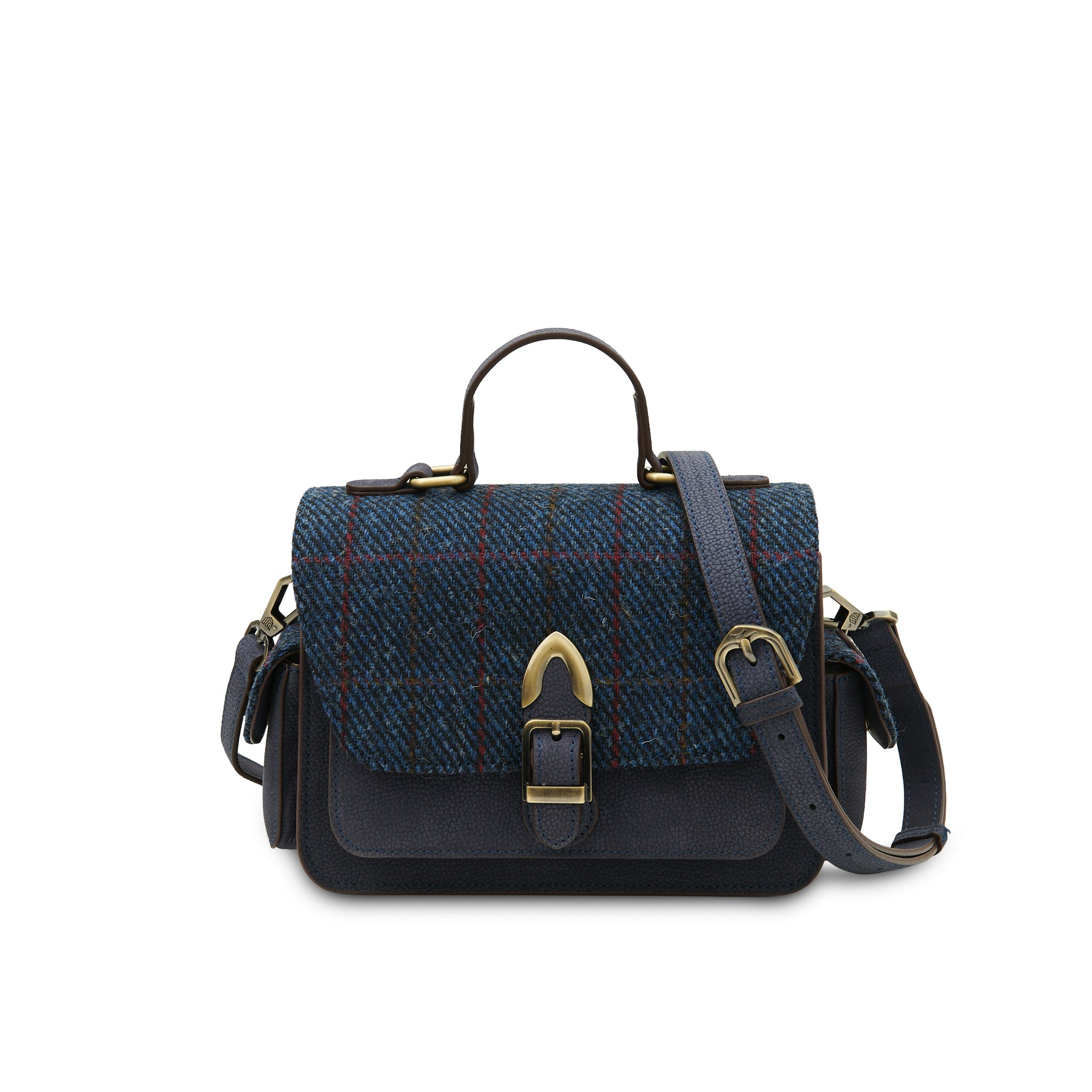 Islander Melrose Navy Leather Crossbody Bag with Harris Tweed Scotland Navy Over-Check | Harris Tweed Scotland
