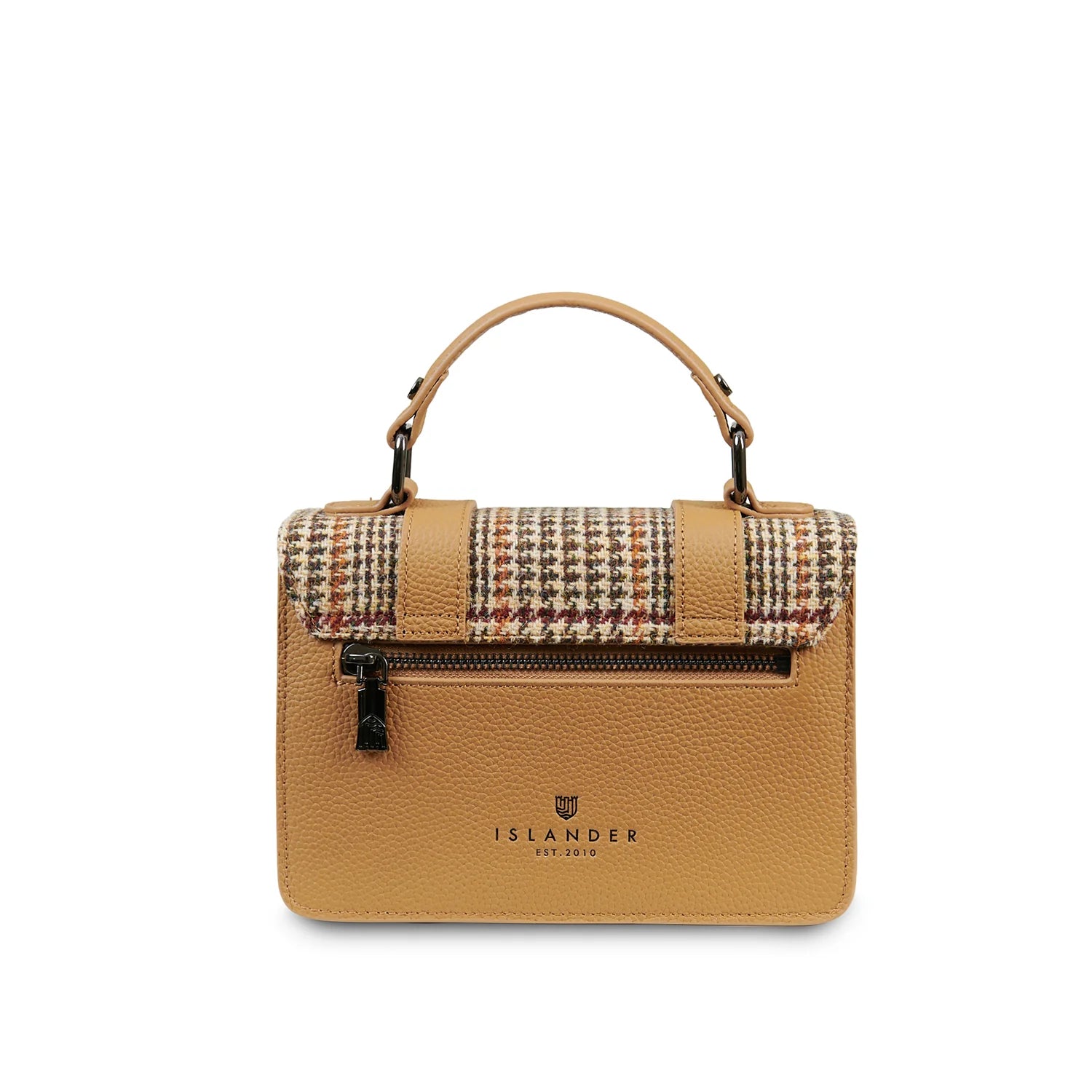 Islander Mini Brown Leather Satchel Bag with Harris Tweed Beige & Brown Dogtooth – Image 6 | Harris Tweed Scotland