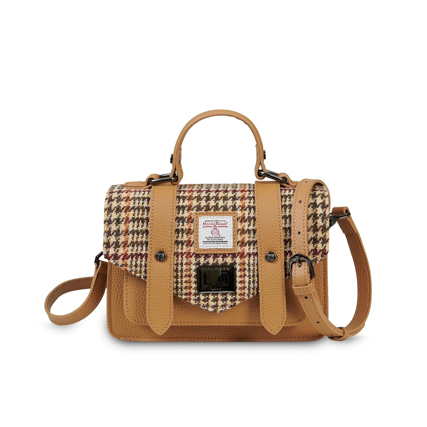 Islander Mini Leather Satchel Bag with Harris Tweed Beige Dogtooth