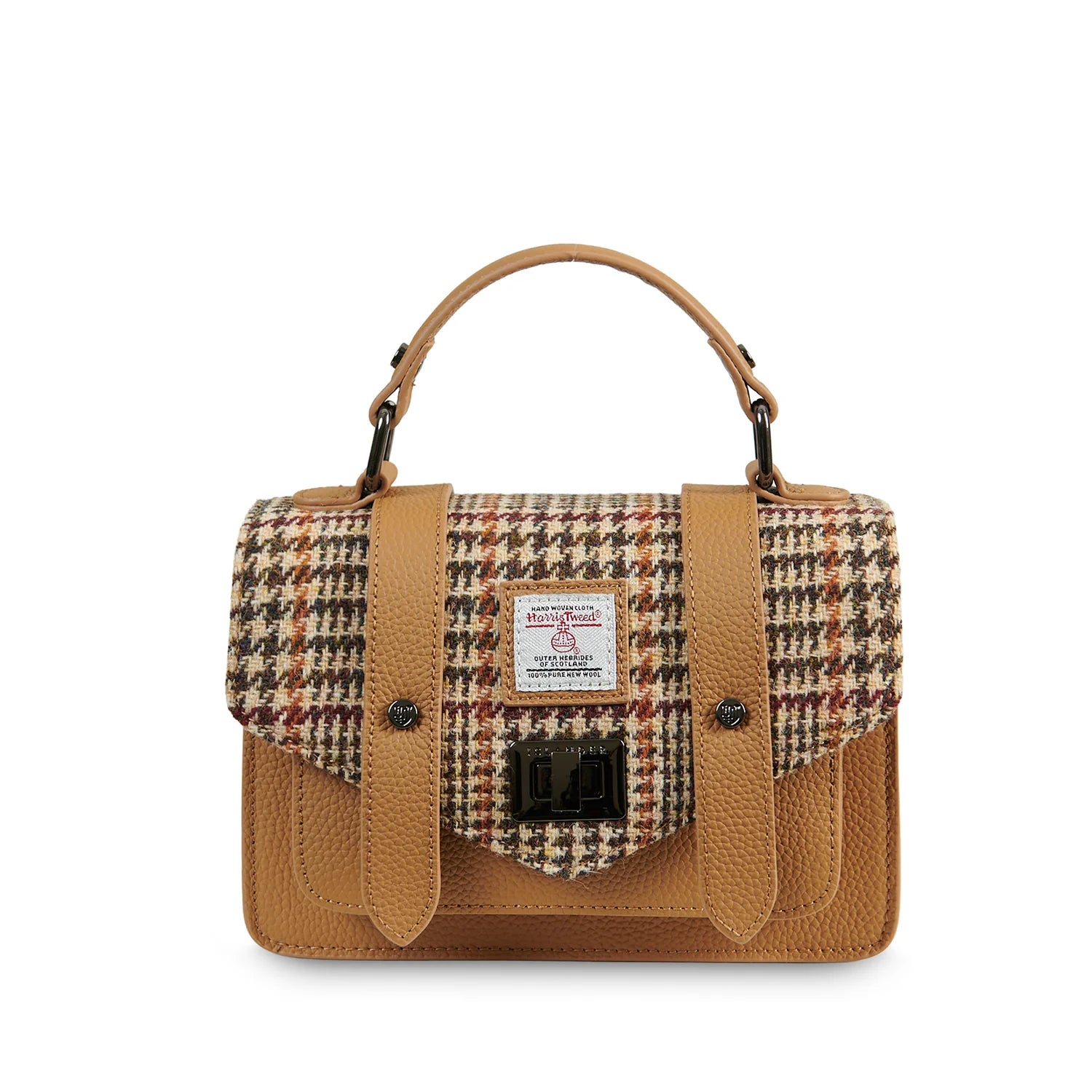 Islander Mini Brown Leather Satchel Bag with Harris Tweed Beige & Brown Dogtooth – Image 3 | Harris Tweed Scotland