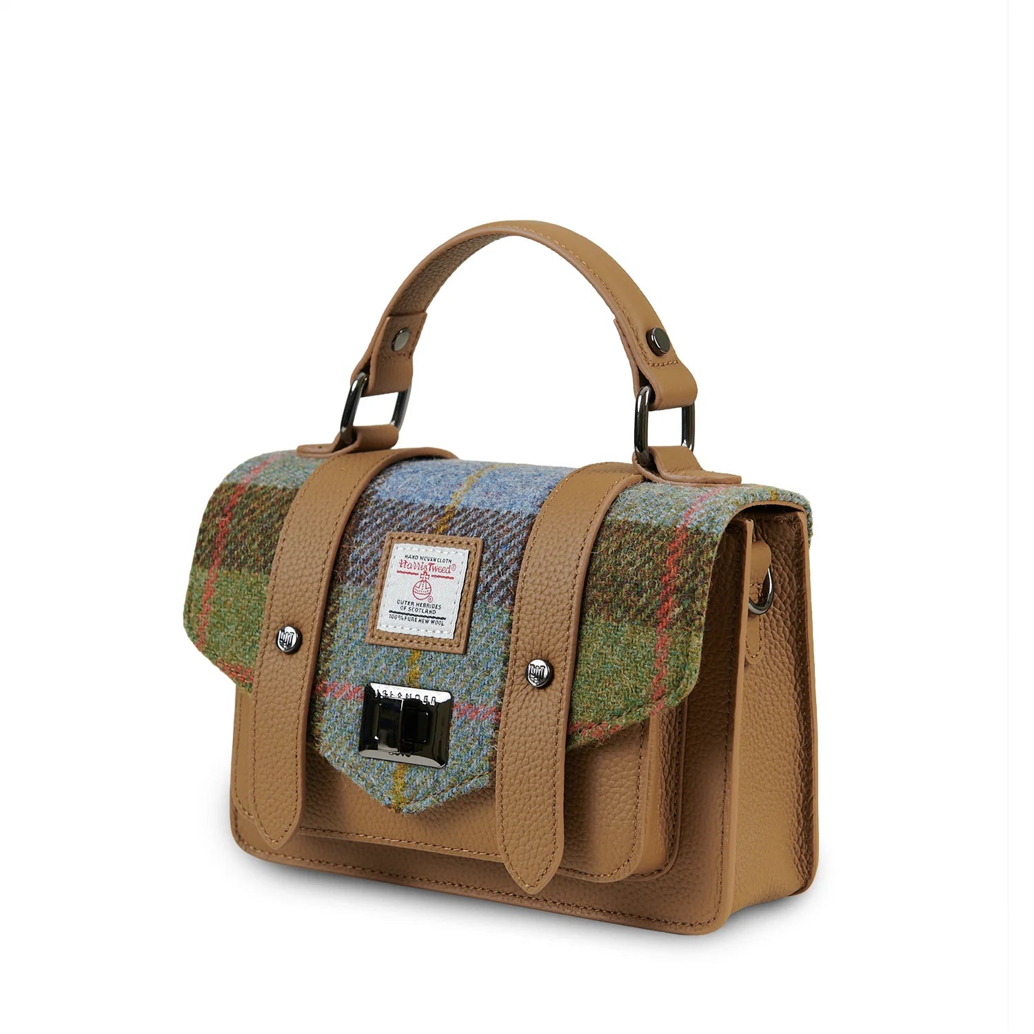 Islander Mini Leather Satchel Bag with Harris Tweed (Chestnut Blue-Tartan)