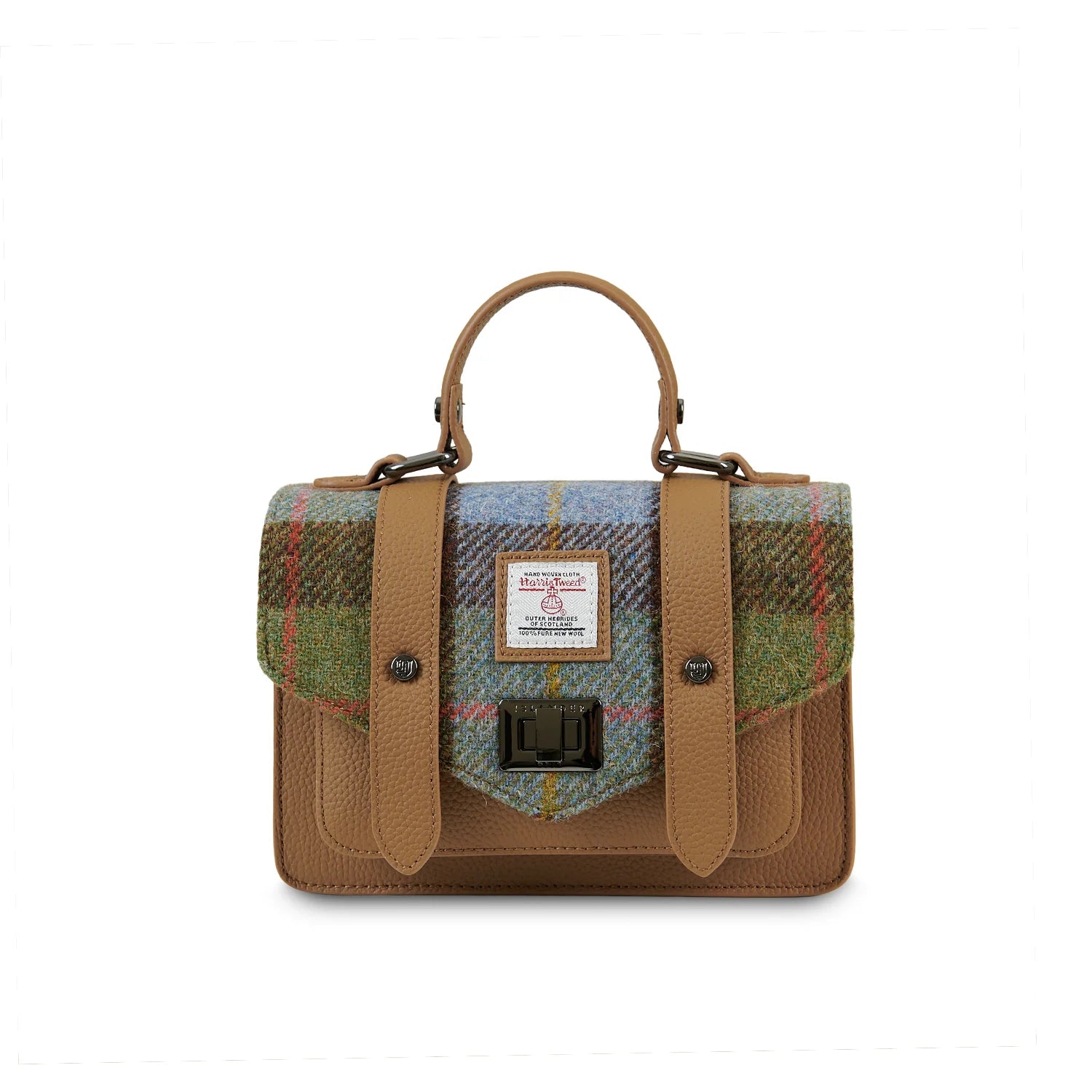 Islander Mini Leather Satchel Bag with Harris Tweed (Chestnut Blue-Tartan)