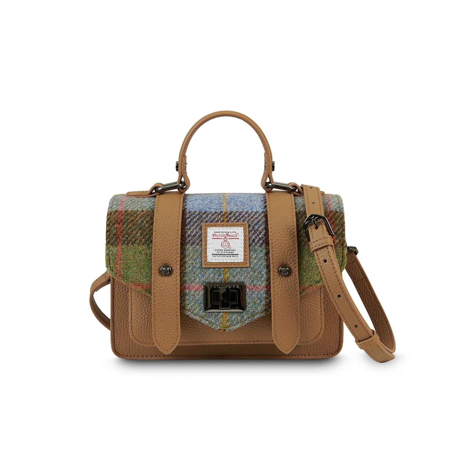Islander Mini Leather Satchel Bag with Harris Tweed (Chestnut Blue-Tartan)