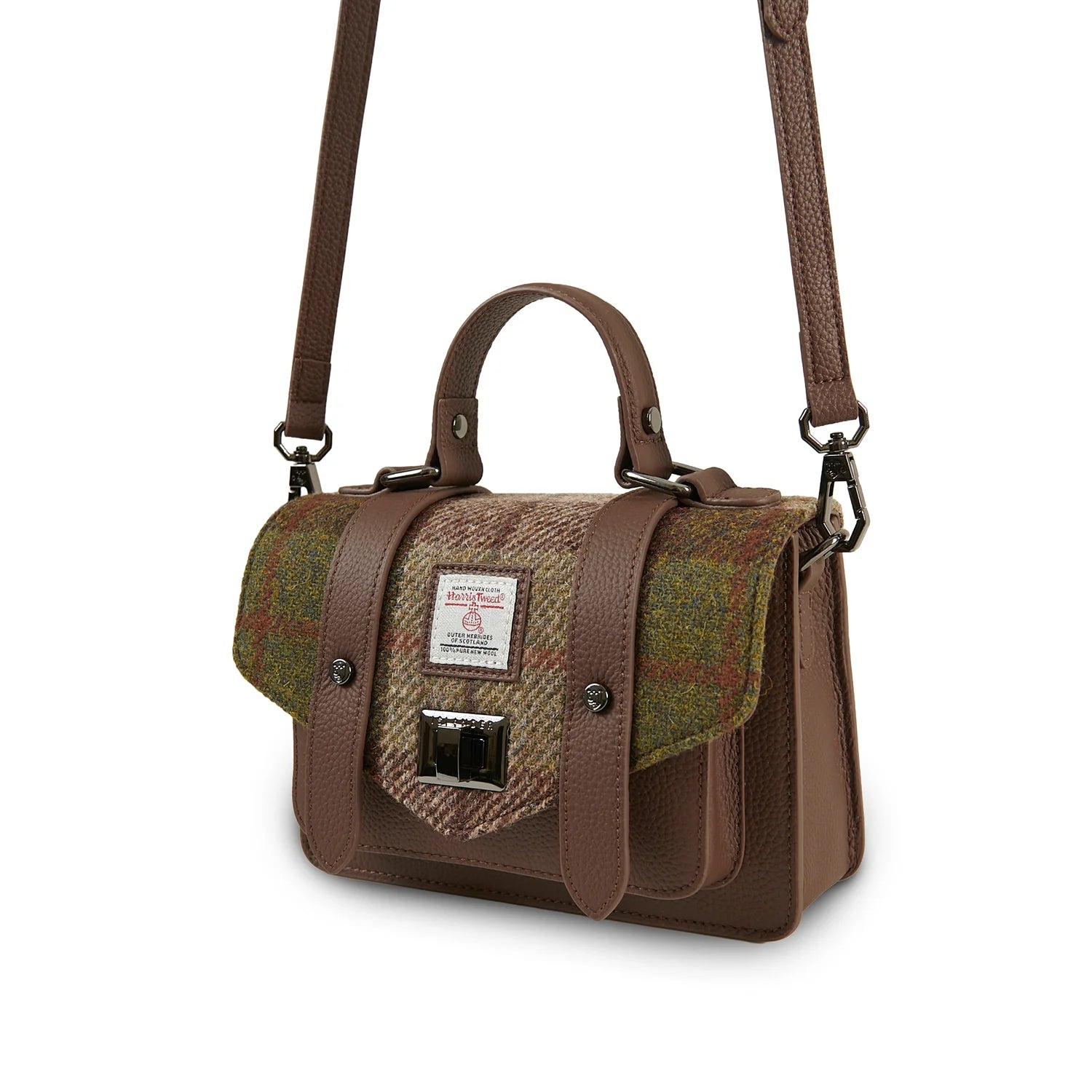 Islander Mini Leather Satchel Bag with Harris Tweed (Chestnut Tartan)