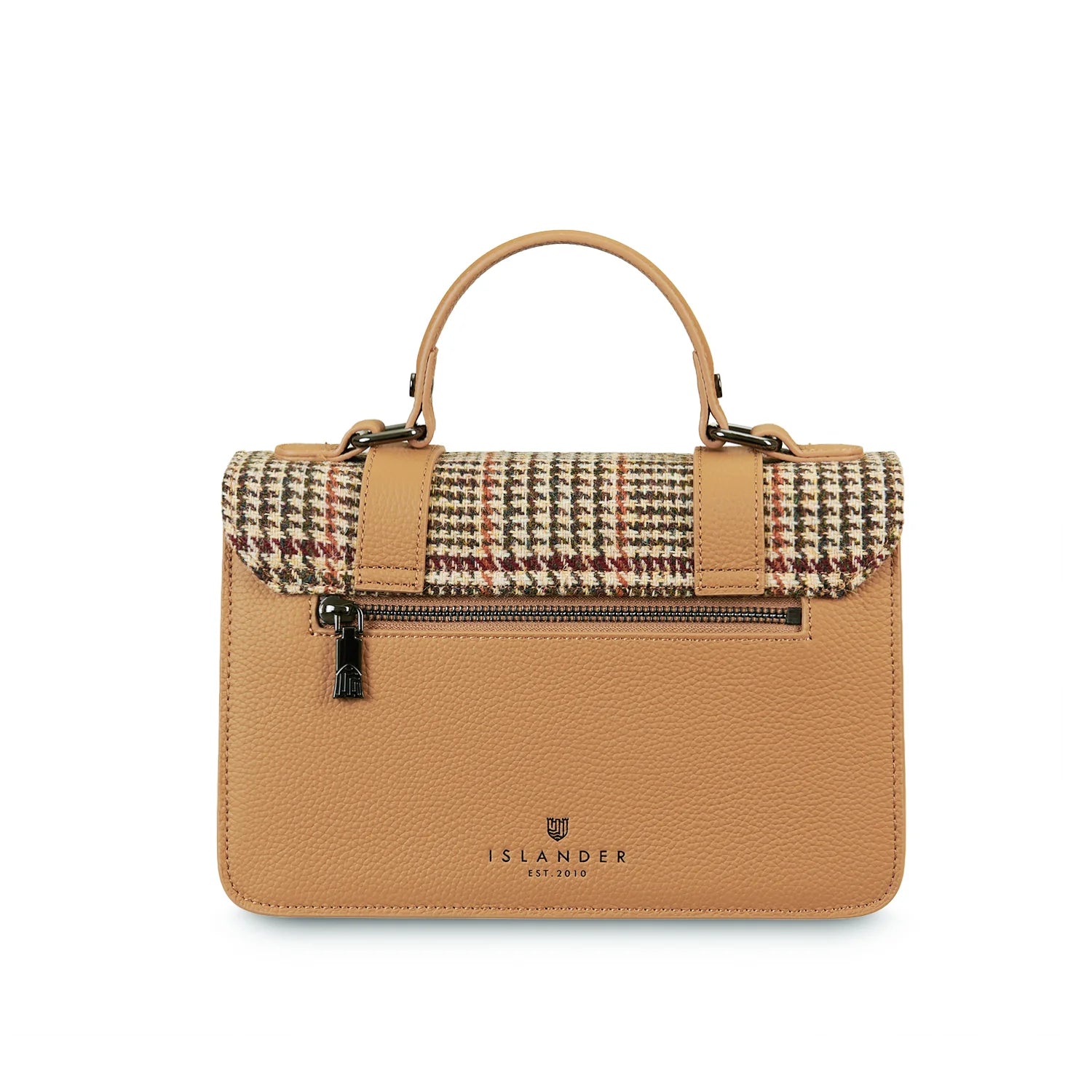 Islander Medium Leather Satchel Bag with Harris Tweed Beige Dogtooth – Image 2 | Harris Tweed Scotland