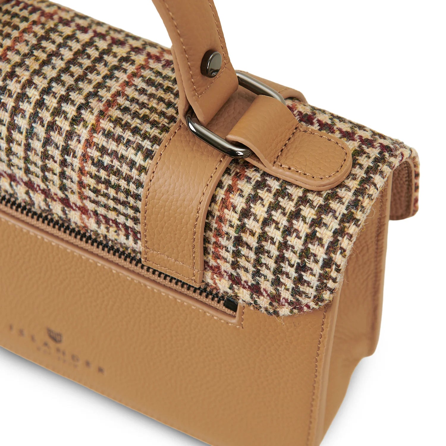 Islander Medium Leather Satchel Bag with Harris Tweed Beige Dogtooth