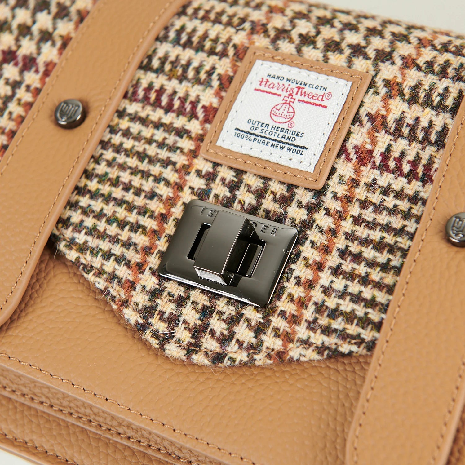 Islander Medium Leather Satchel Bag with Harris Tweed Beige Dogtooth