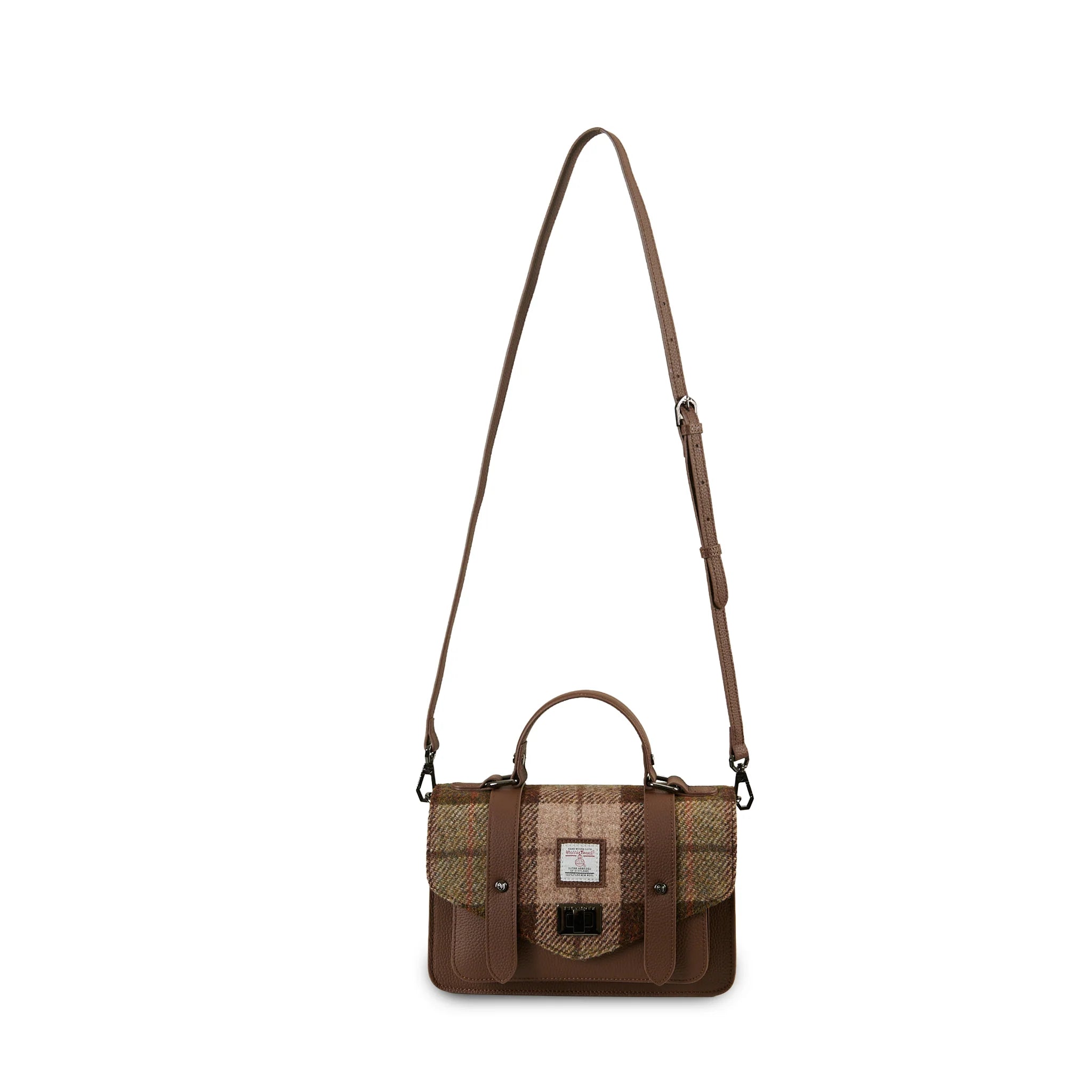 Islander Medium Leather Satchel Bag with Harris Tweed Beige Dogtooth – Image 6 | Harris Tweed Scotland
