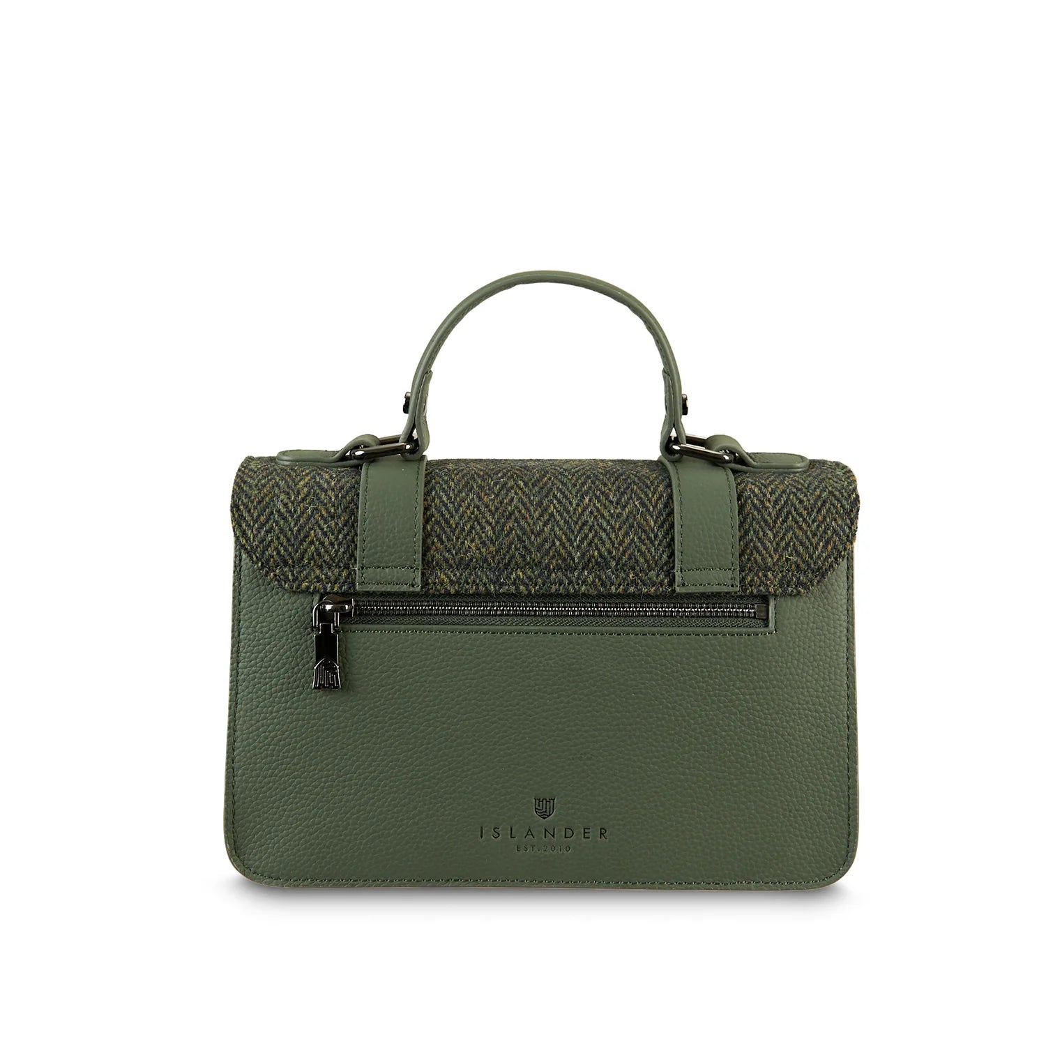 Islander Medium Leather Satchel Bag with Harris Tweed Dark Green Herringbone – Image 2 | Harris Tweed Scotland