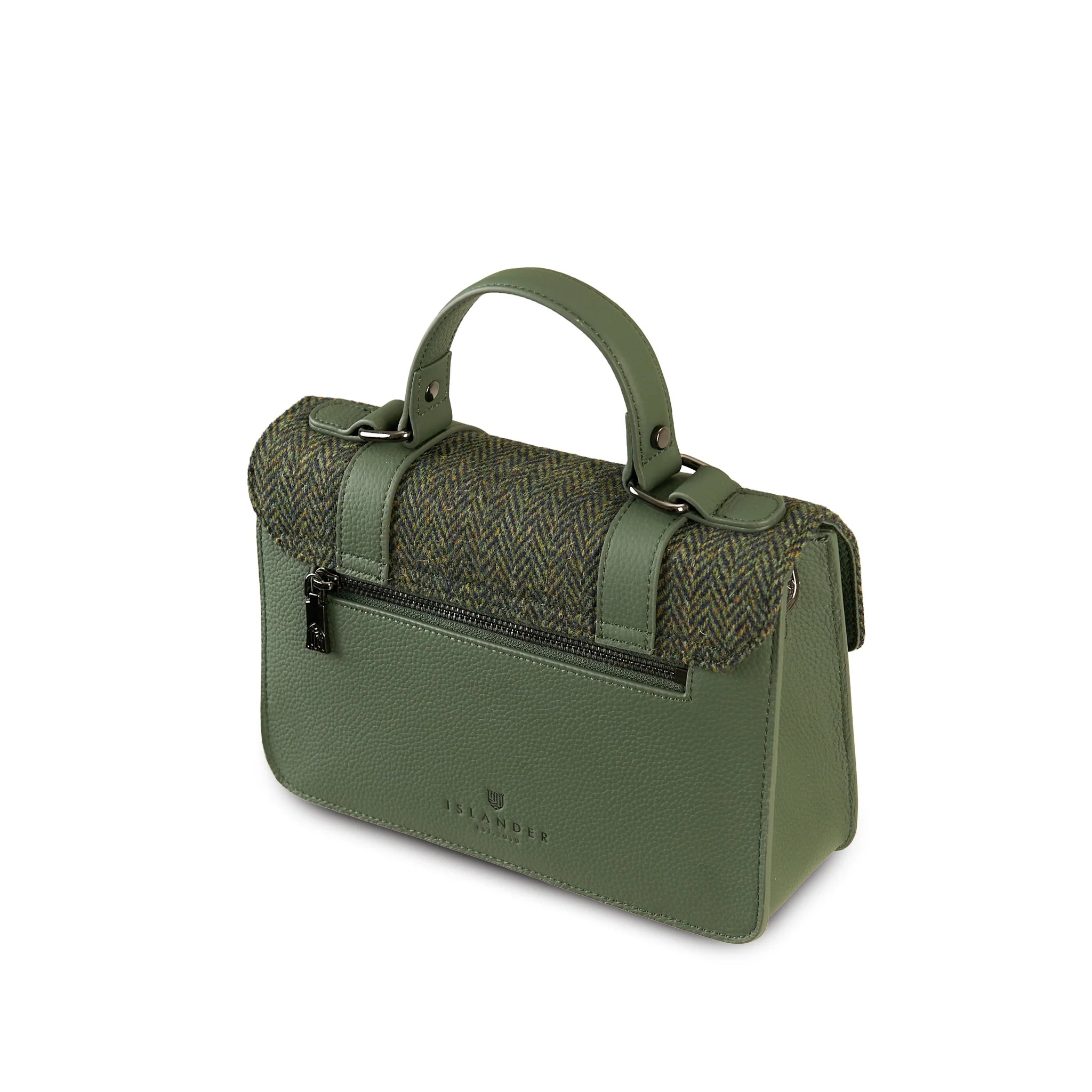 Islander Medium Leather Satchel Bag with Harris Tweed Dark Green Herringbone