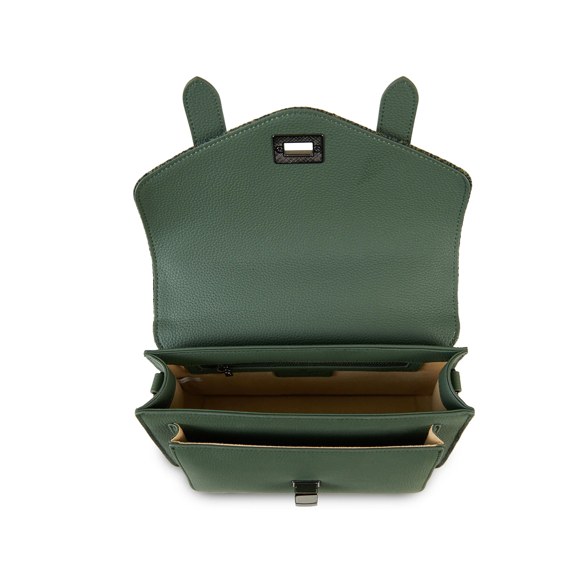 Islander Medium Leather Satchel Bag with Harris Tweed Dark Green Herringbone – Image 5 | Harris Tweed Scotland
