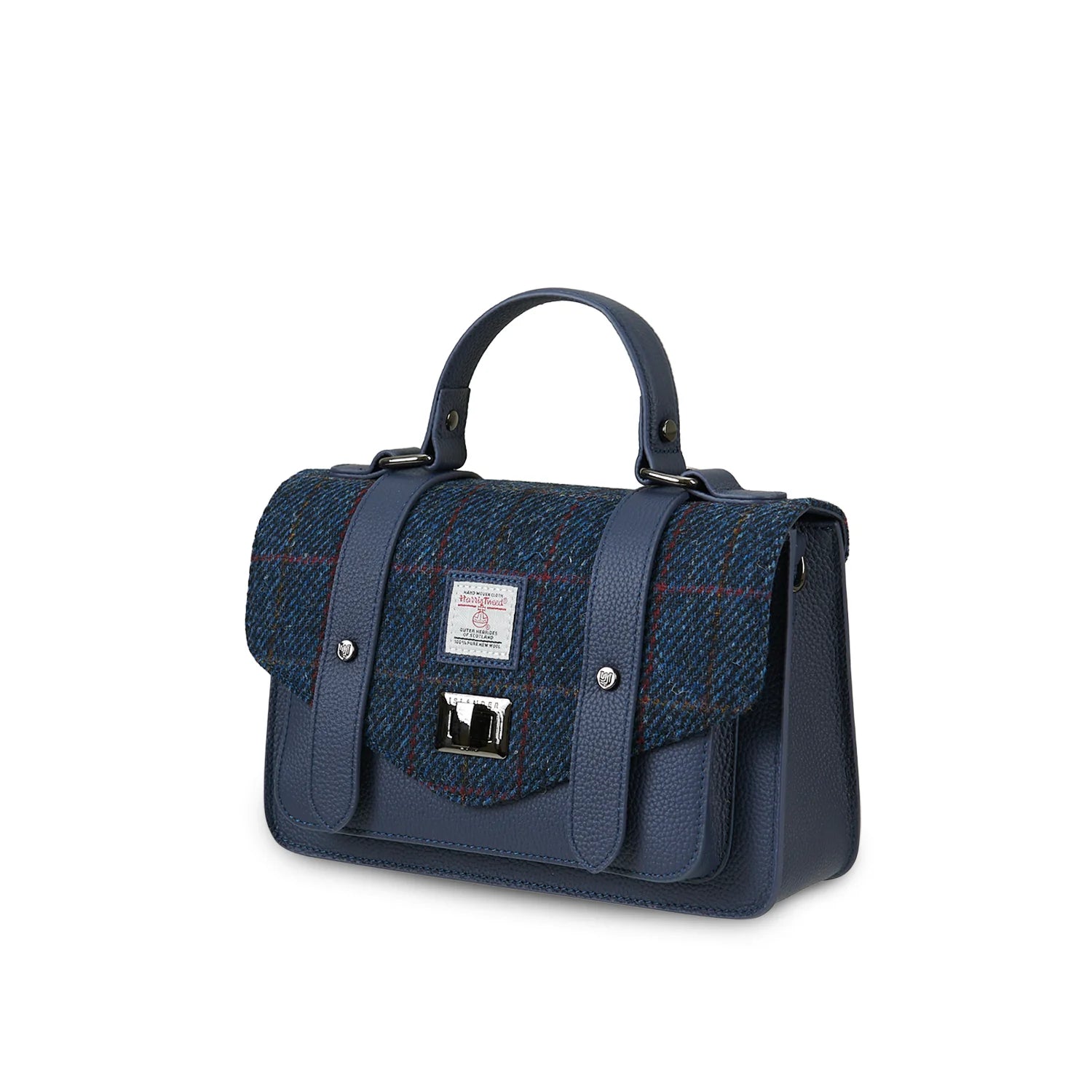 Islander Medium Blue Leather Satchel Bag with Harris Tweed Navy Over Check Fabric