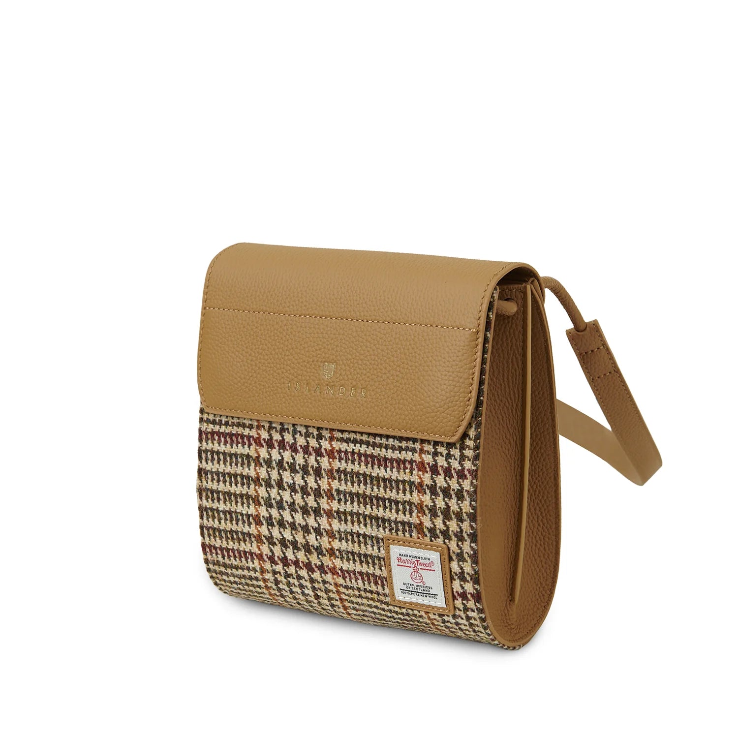Eilidh Brown Leather Crossbody Bag with Harris Tweed Beige Dogtooth Fabric | Harris Tweed Scotland