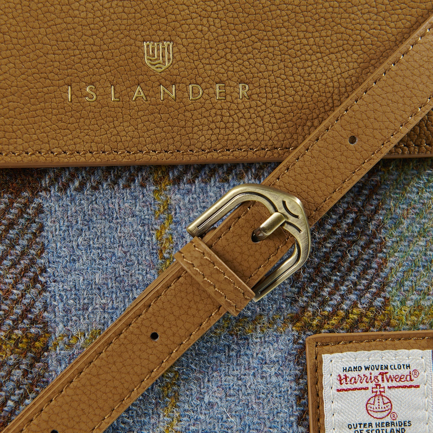 Islander The Eilidh Leather Crossbody Bag with Chestnut Blue Tartan Harris Tweed