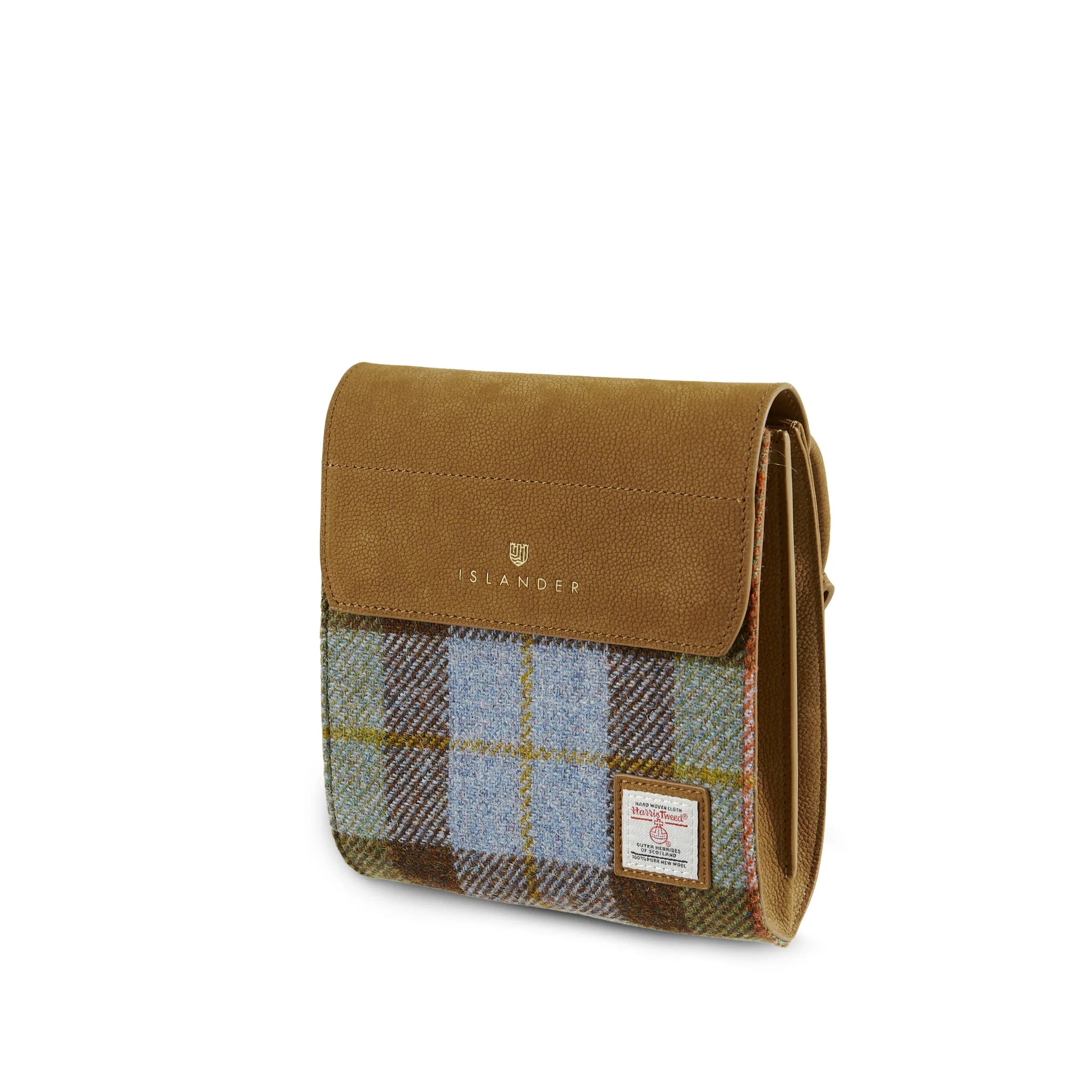 Islander The Eilidh Leather Crossbody Bag with Chestnut Blue Tartan Harris Tweed