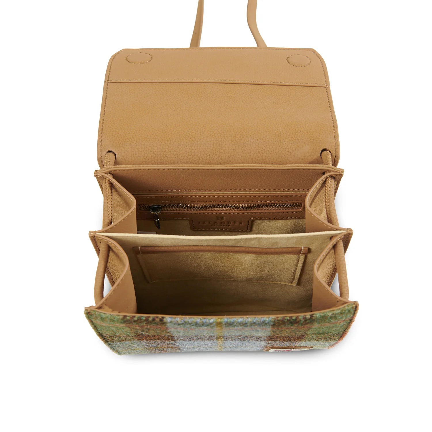 Eilidh Brown Leather Crossbody Bag with Harris Tweed Blue & Brown Tartan Fabric – Image 4 | Harris Tweed Scotland
